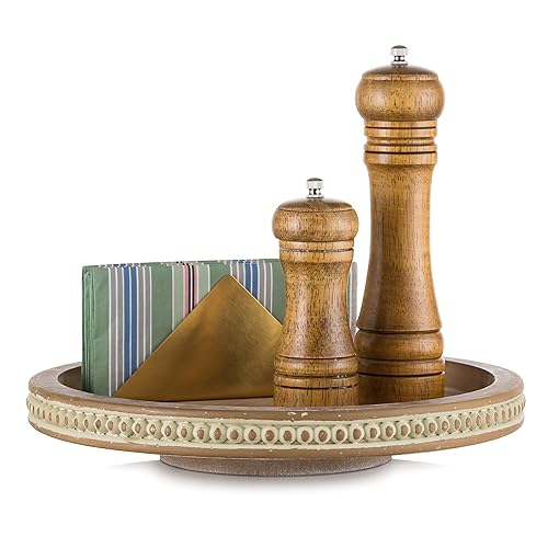 Hanobe Lazy Susan Centerpiece Tray: Round Wooden Turntable Organizer 12"