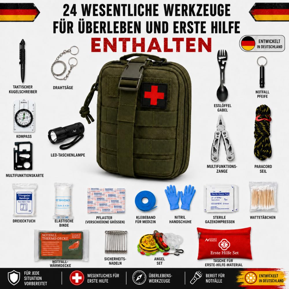 EU 2025 Survival Kit mit Rucksack, Apothekenkoffer und Taschenlampe, Überlebens-Thermodecke, Militär Profi Survival Messer, Axt, Pflaster, Pfeife und Kompass