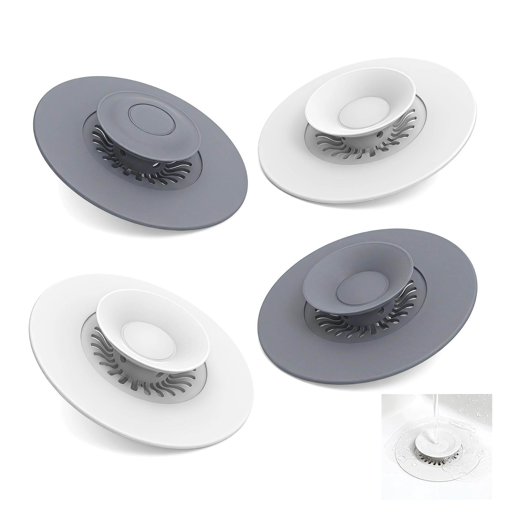 4 Pack Silicone Drain Stoppers, Bath Plug Replacement & Universal Sink Plug, Press-Type Hair Catcher with Shower Plug Function, White ×2 + Grey ×2 for Bath & Kitchen