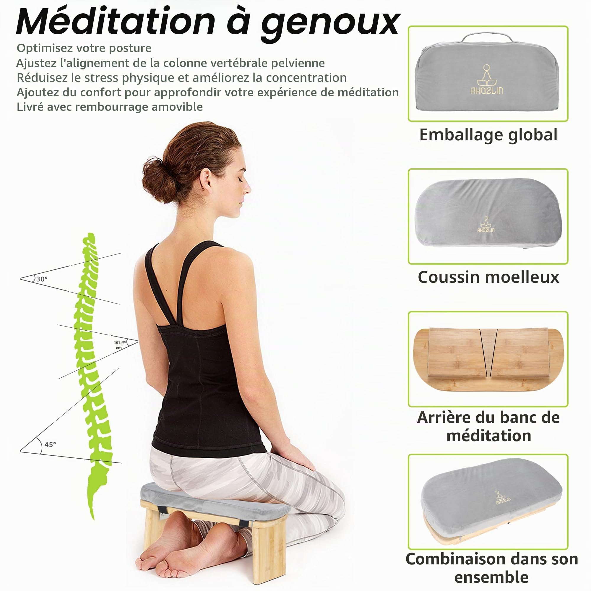 Banc de méditation pliable ergonomique en bambou - Tabouret de méditation avec coussin - Chaise de méditation portable avec sac de transport pour s'agenouiller, prière, pratique avancée - Gris