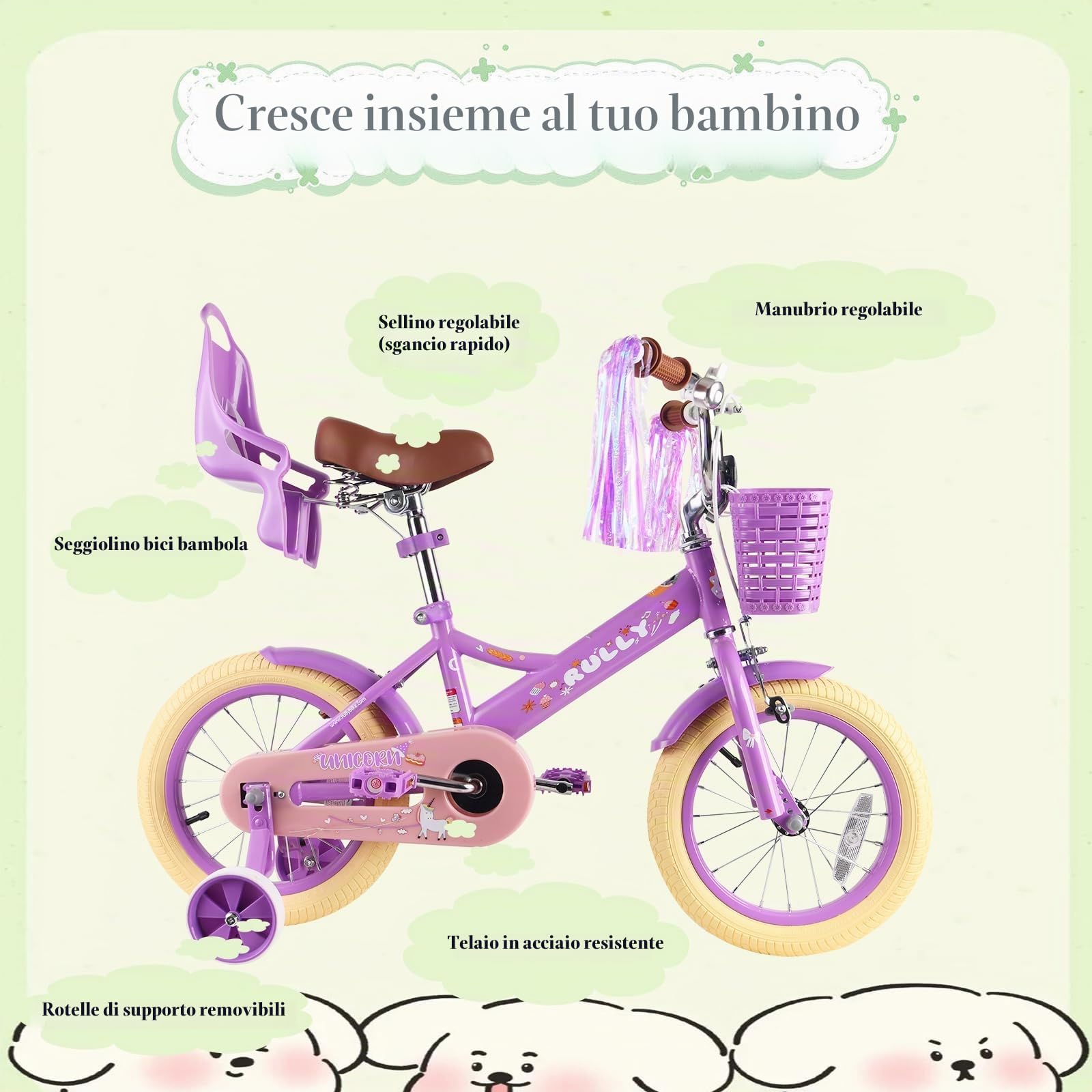 RULLY Bicicletta da bambino da 12 14 16 pollici per bambine da 2 a 7 anni con ruote stabilizzatrici, freno anteriore, cestino, nastri decorativi