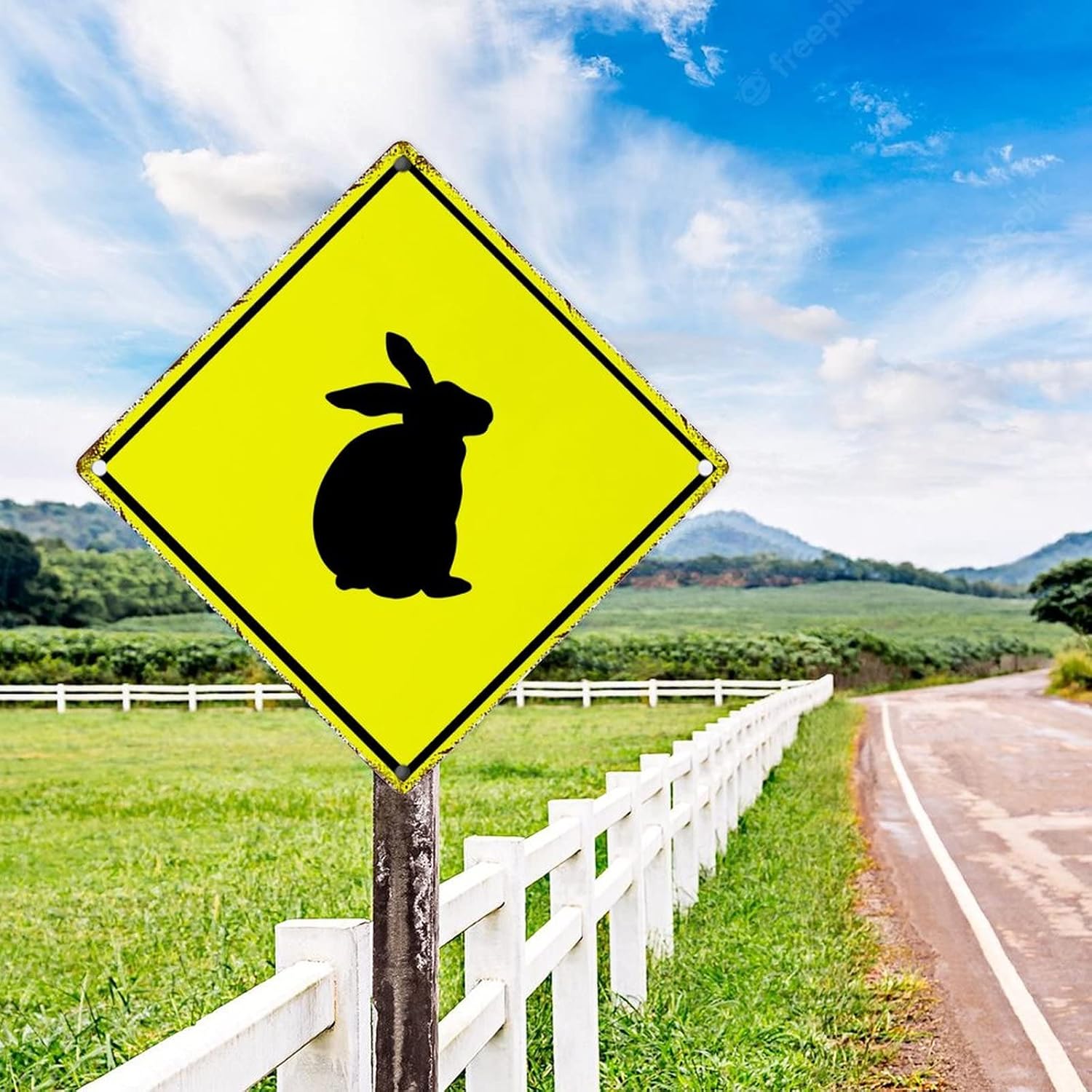 Rabbit Crossing Metal Wall Decor Sign Caution Rabbit Metal Wall Sign Rabbit Crossing Retro Aluminum Metal Signs Yellow Diamond Shape Sign 15x15in Animal Lover Gift Sign for Street Road Yard
