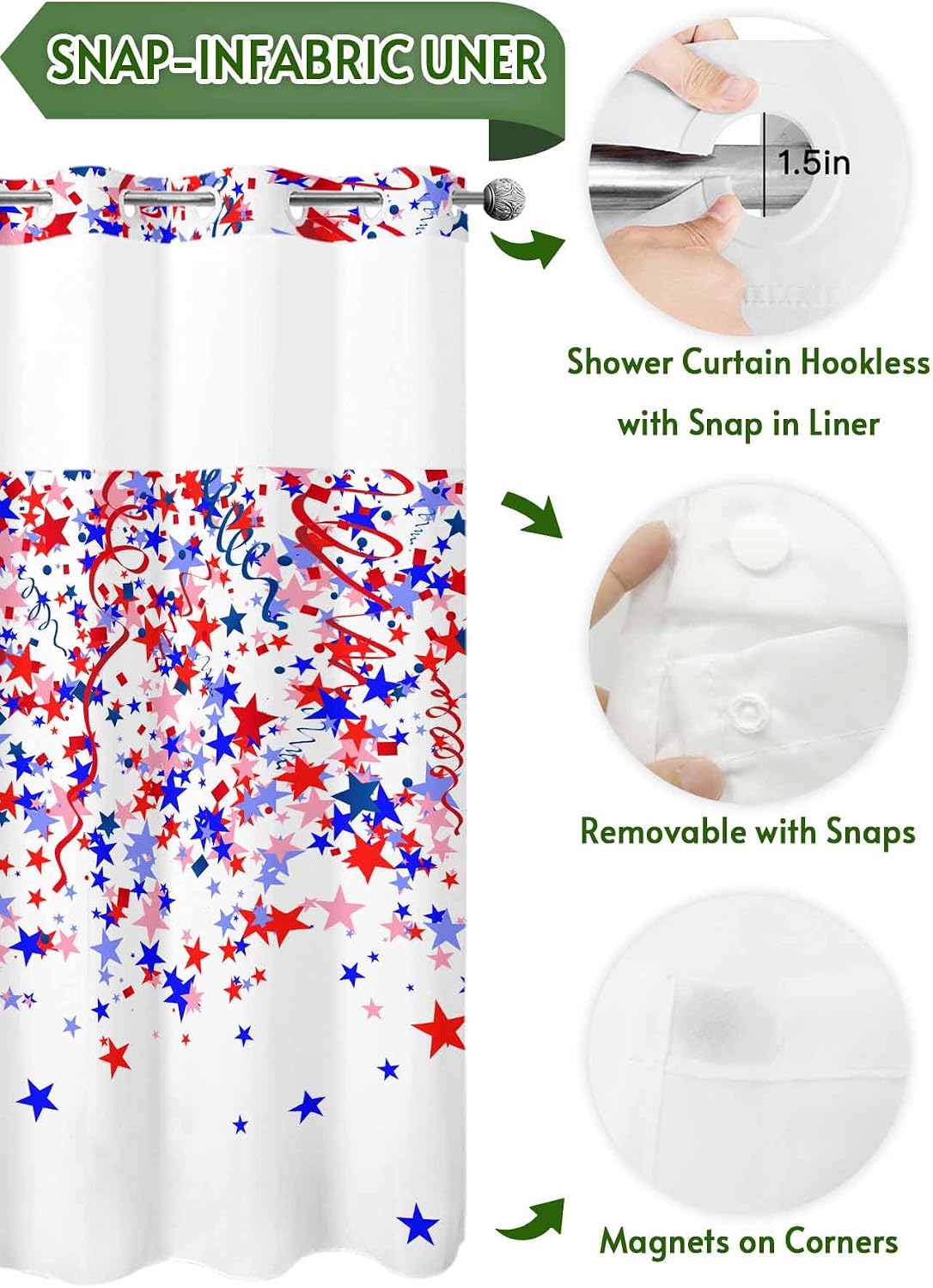 No Hook Shower Curtain with Snap in Liner, Independence Day Red Blue Stars Waterproof Bath Curtain Double Layers with See Through Top Window, American Patriotic Star Hotel Shower Curtains
