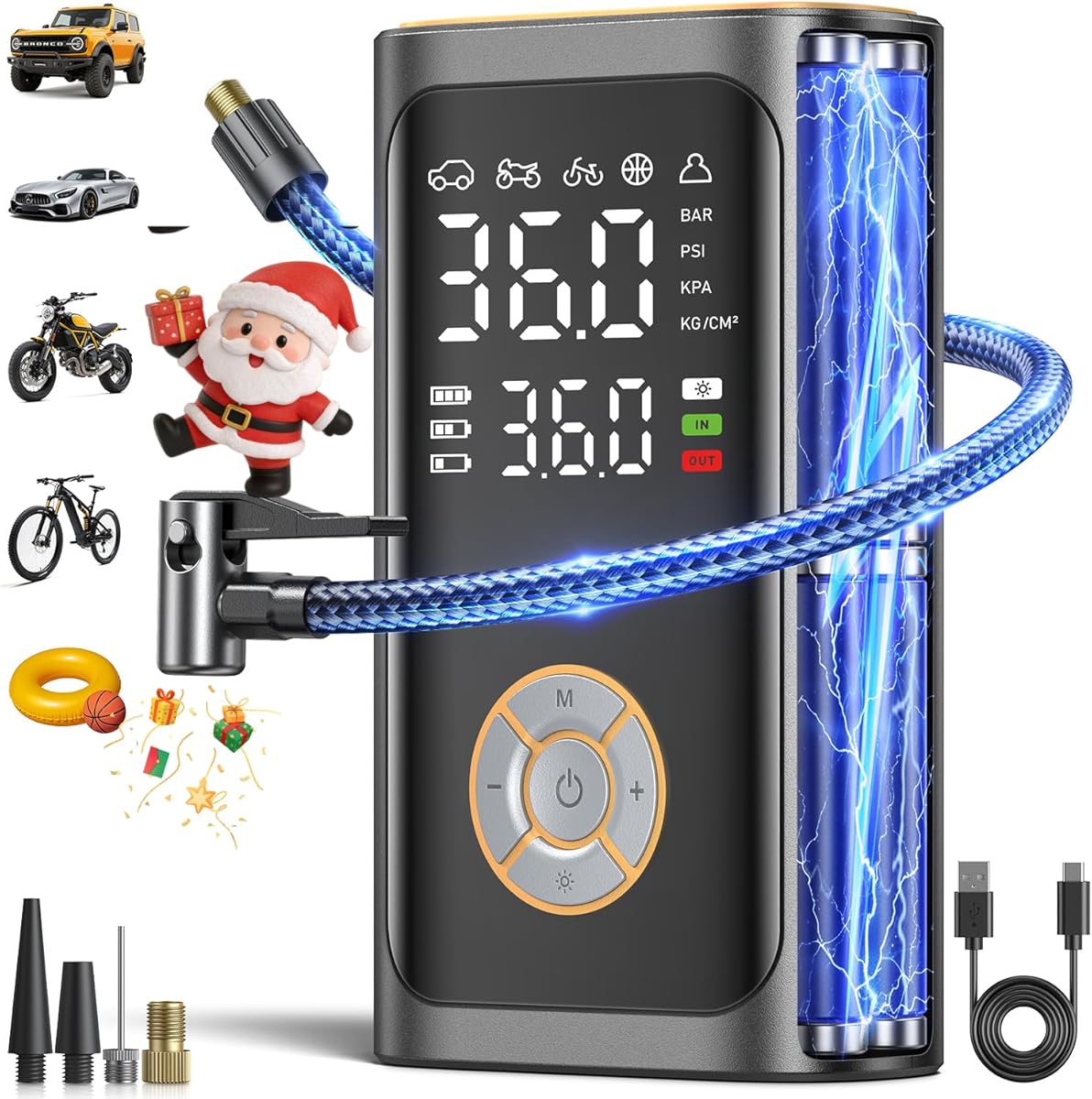 Tire Inflator Portable Air Compressor - Fast Inflation Cordless Air Pump for Car Tires, 150PSI Electric Bike Tire Pump with Digital Pressure Gauge, LED light for Car, Motorcycle, Bike, Ball (art) : Automotive