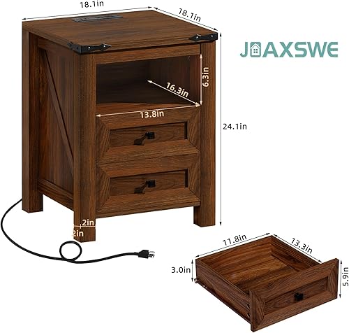 Miniatura 3 de Juego de 2 mesitas de noche con estación de carga, mesa auxiliar de granja con 2 cajones y estante abierto, mesa de sofá rústica de madera, armario