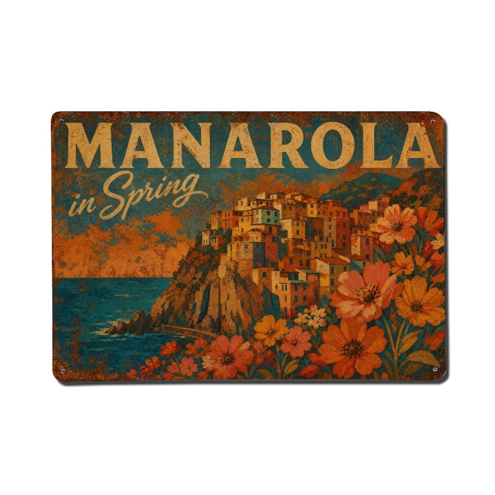 Huiyhb 8X12inch(20X30cm) Vintage Travel Manarola Spring Flowers Blooming Village Metal Tin Sign