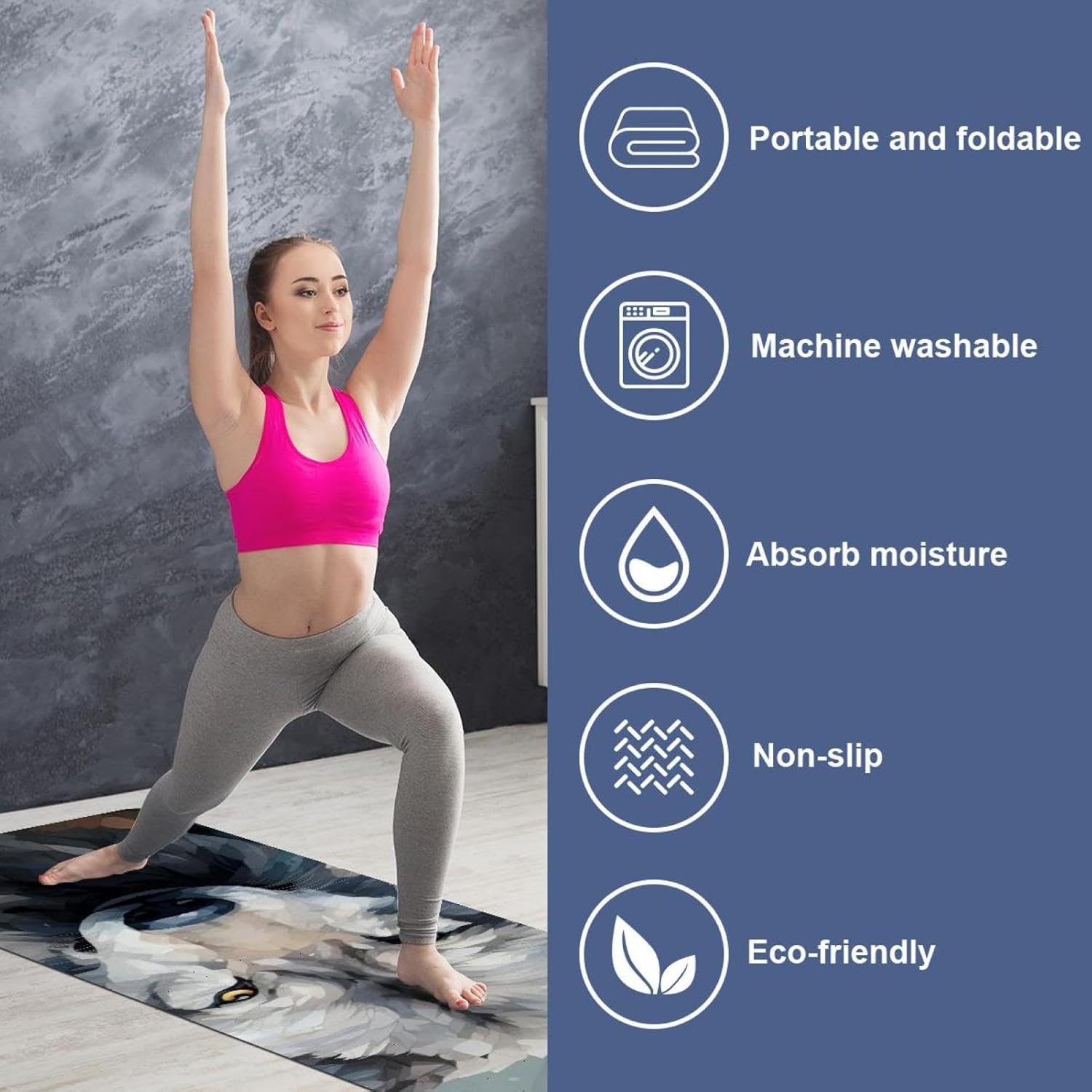 Yoga Towel, Wolf Animal Print Non Slip Sweat Absorbent Hot Yoga Mat Towel for Hot Yoga, Pilates and Fitness - 72.8" x 26.8"