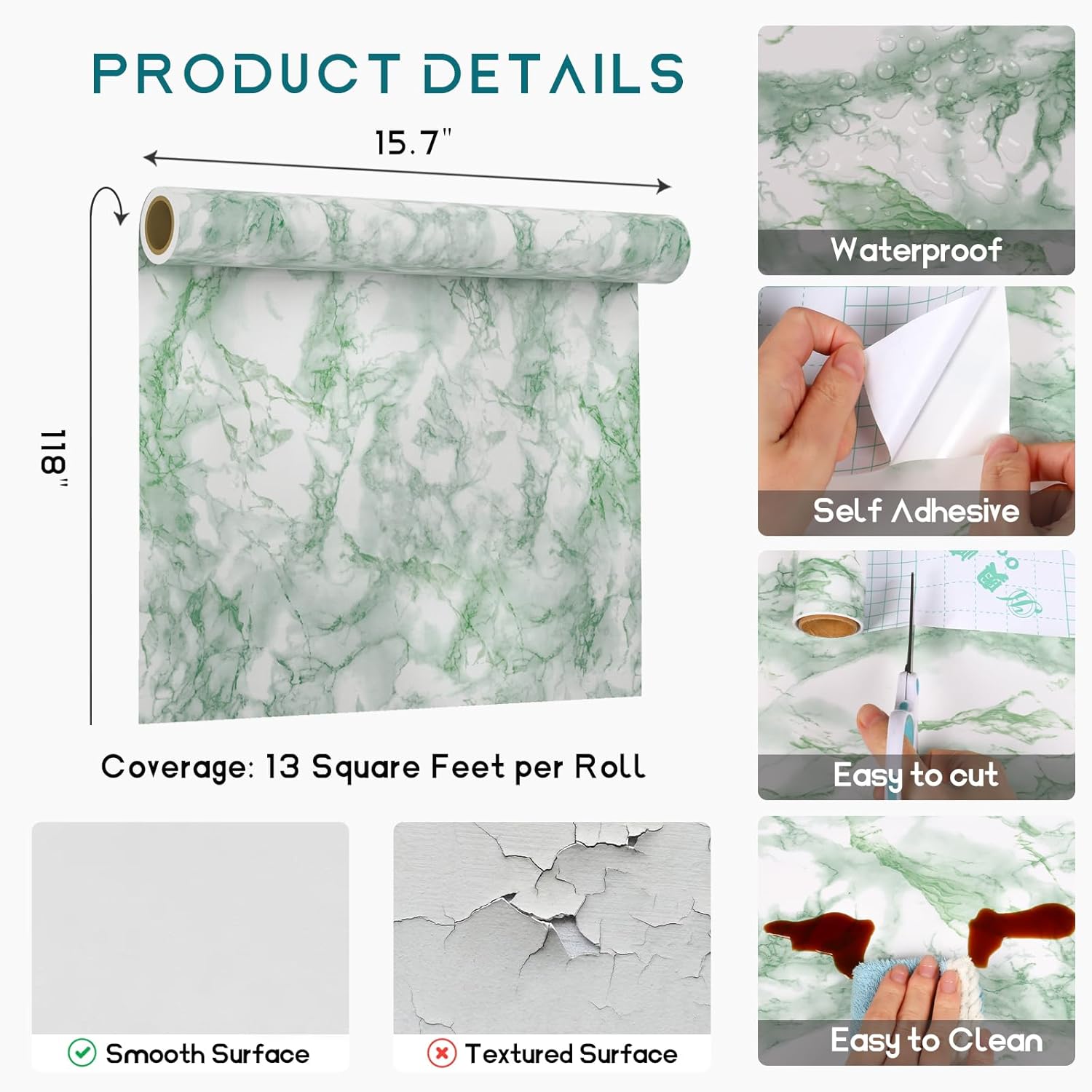 VEELIKE Green Marble Contact Paper for Countertops Peel and Stick Countertops Waterproof Green Marble Wallpaper 15.7''x118'' Self Adhesive Kitchen Counter Contact Paper for Bathroom Walls Décor Table