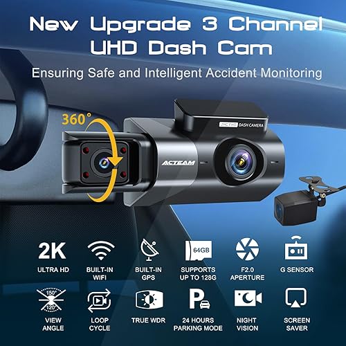 Miniatura 2 de Acteam Cámara de tablero A6 de 3 canales con WiFi GPS, 2K+1080P+1080P frontal interior trasero, pantalla LCD de 3 pulgadas, visión nocturna IR,