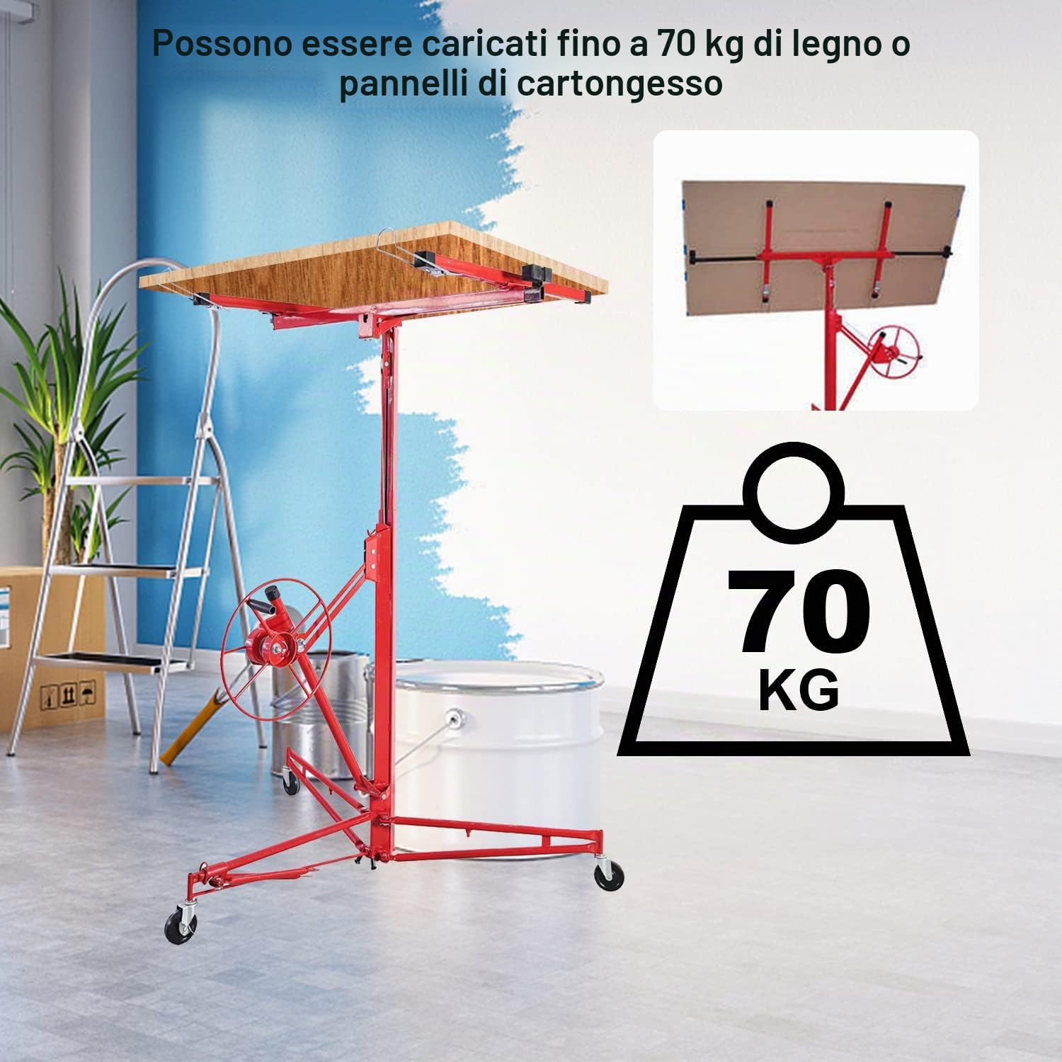 Sollevatore XXL per lastre di riga max 290 cm larghezza braccio di carico e carico 70 kg, altezza di lavoro regolabile 140-350 cm