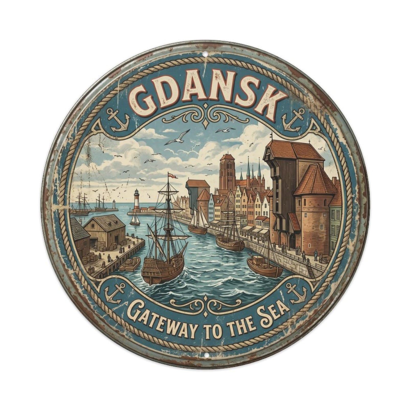 Vintage Travel Gdansk Harbor Poland Metal Tin Sign Plaque Wall Decor for Cafe, Club Bar, Office, Home Garden Round Metal Poster 8x8Inch