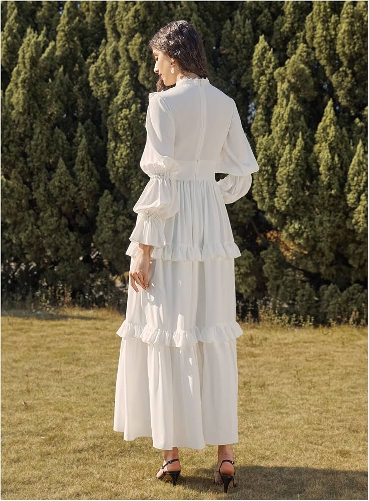 Amazon.com: Women's Dresses Mock Neck Gathered Sleeve Layered Ruffle Detail  Dress Dress for Women (Color : White, Size : Small) : Clothing, Shoes &  Jewelry