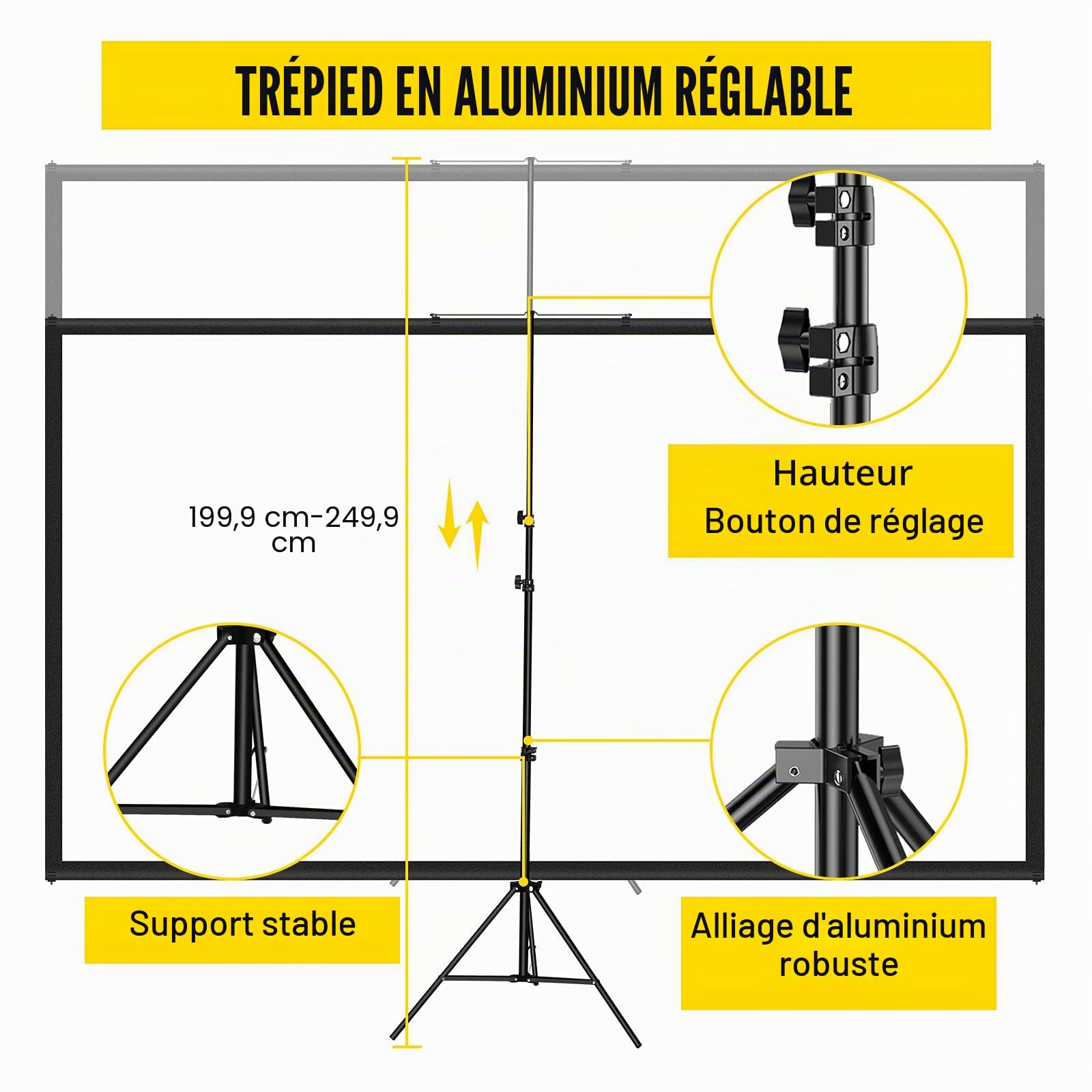 VEVOR Écran de Projection avec Trépied 100 Pouces 4K HD 16:9 Toile de Projection sur Trépied Hauteur Réglable Écran pour Projecteur 227 x 127 cm Infroissable Vidéoprojecteur Cinéma Domicile Extérieur