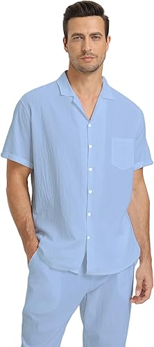 Miniatura 4 de RPOVIG Conjunto de camisa de lino conjunto de 2 piezas de lino para hombre camisas de manga corta pantalones de yoga trajes de playa y boda