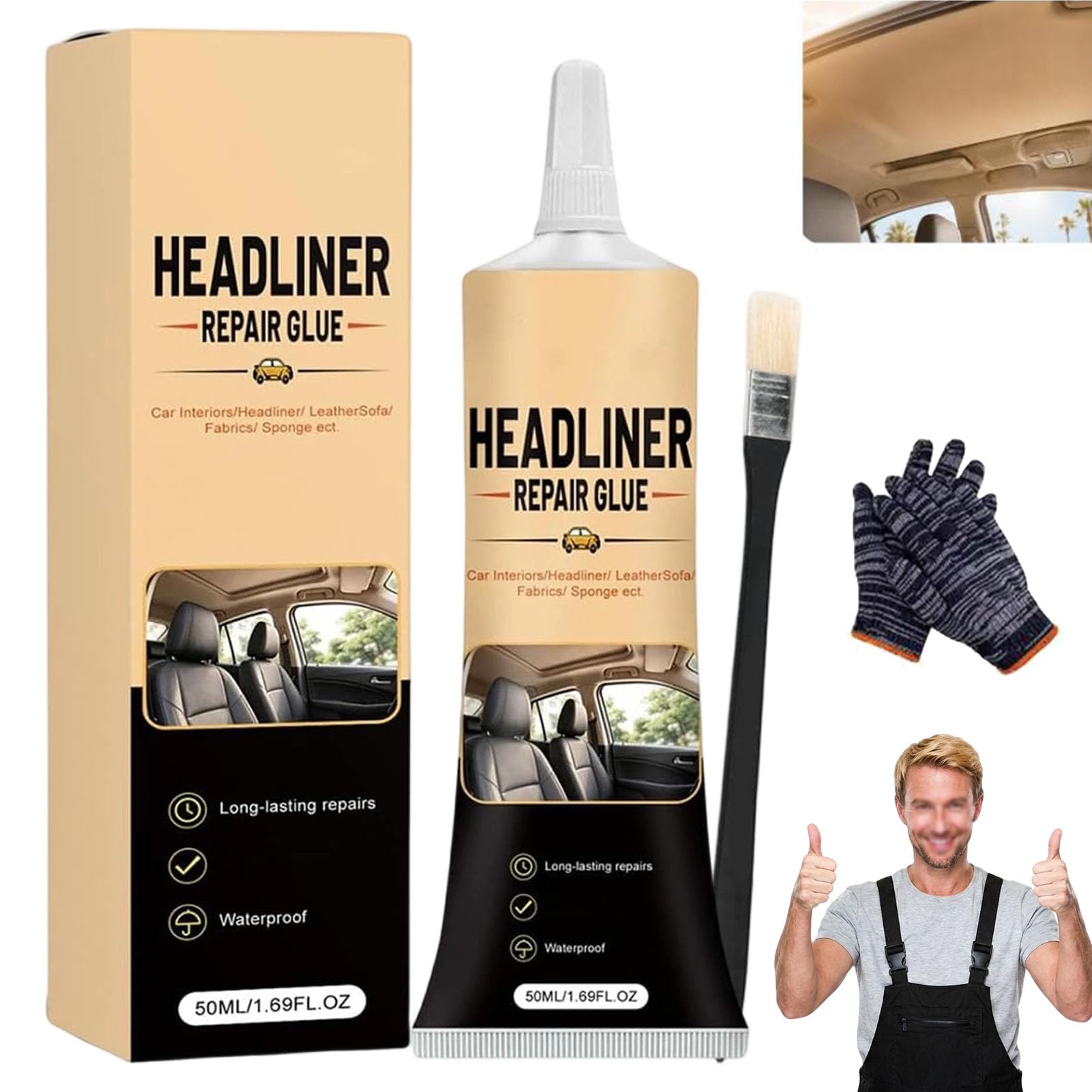 Waterproof Car Headliner Repair Glue, High Strength Adhesive for Sagging Car Ceiling & Interior, Car Headliner Repair Adhesive, Multi-purpose Heavy-Duty Adhesive with Applicator，1Set