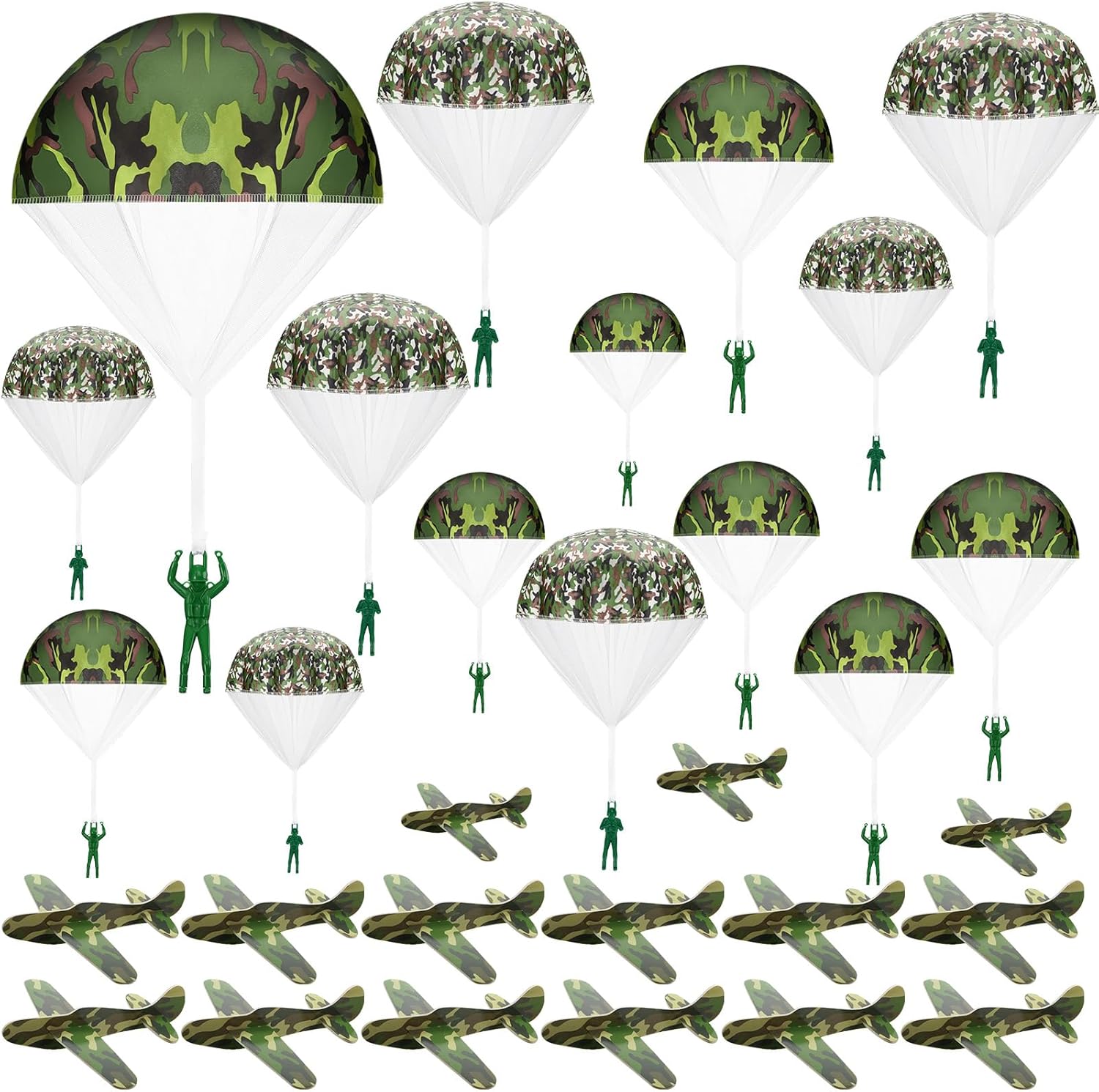 Jerify 30 Pcs Parachute Toys and Camouflage Foam Airplanes Set, Parachute Army Men Toys for Kids Army Hand Throwing and Foam Glider for Boys Gifts Outdoor Party Favors (Camouflage)