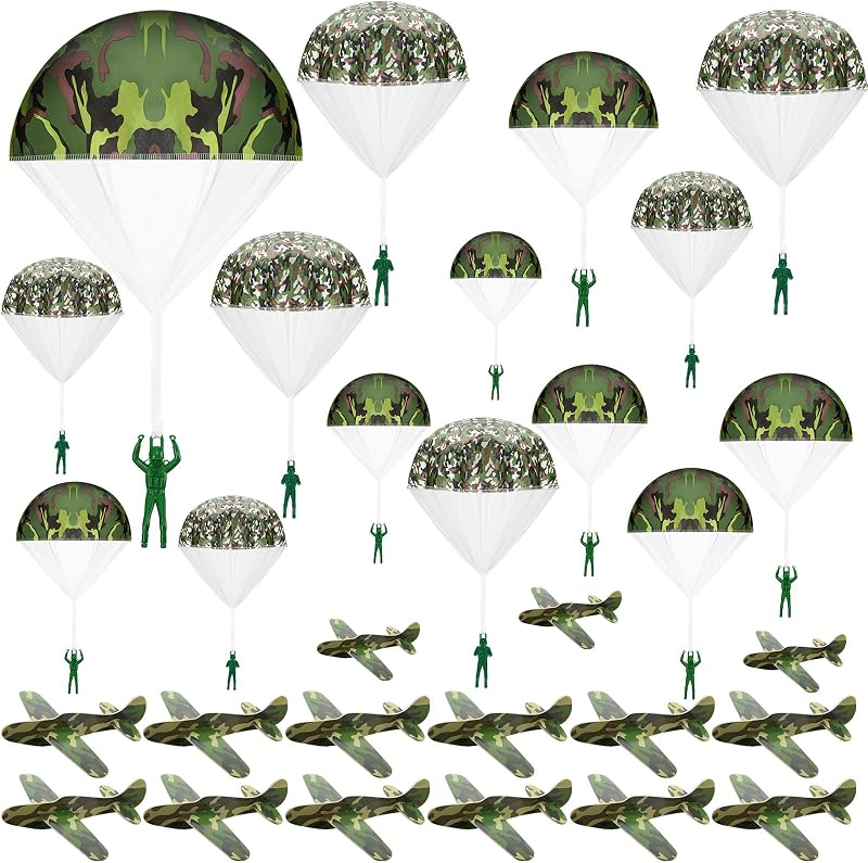 Jerify 30 Pcs Parachute Men Toys Set for Kids, Camouflage | with Foam Airplanes, for Boys Gift, Outside Party Favors, Parachute Army Men, Hand Throwing Glider, Military Birthday Party
