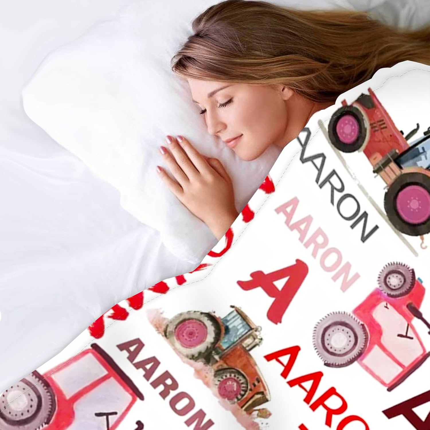 Personalized Tractors Blanket - Custom Name with Farm Tractor Trucks Design - Soft Plush Flannel Bed Blanket for Baby Kid Teen Boys Girls Customized Gifts White & Red