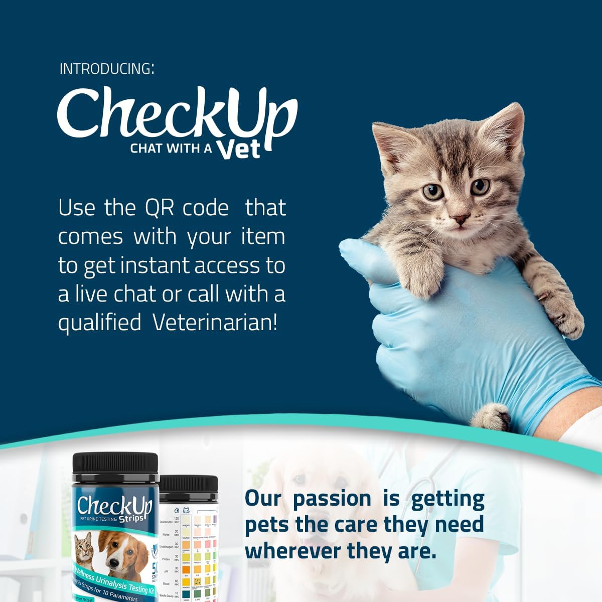 CheckUp 10 Parameters Urine Test Strips for Cat and Dog x 50, Monitoring pet Health, Detects Urobilinogen, Glucose, Bilirubin, Ketone, Specific Gravity, Blood, pH, Protein, Nitrite, Leukocytes