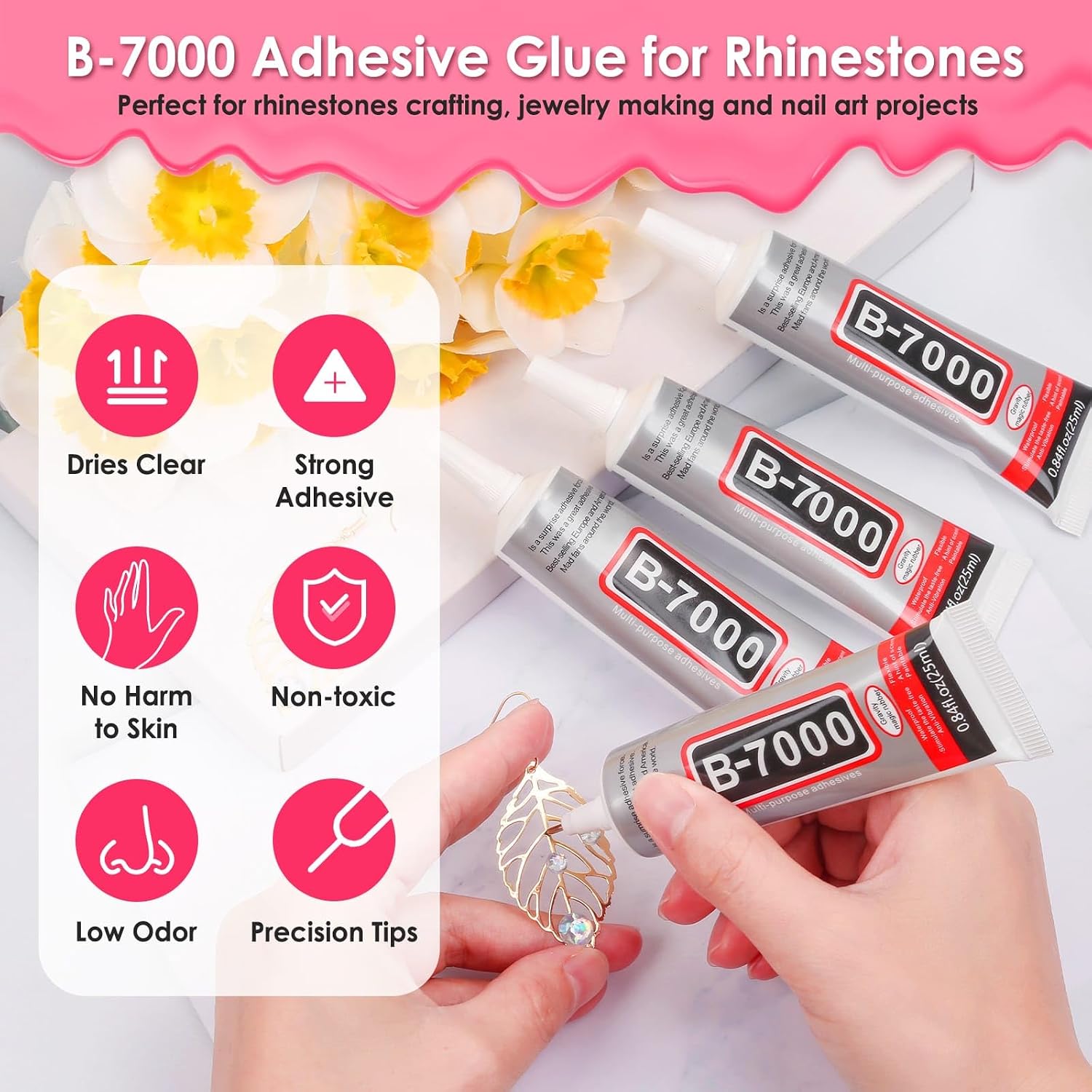 4Pcs 25mL B7000 Glue Clear with Precision Tip, Rhinestones, Bedazzling Tool | Strong Adhesive Jewelry Bead Gem Glue with Dotting Pen Tool for Jewelry Making Repair Fabric Clothes Shoes Crafts Nail Art