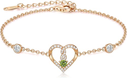 LOUISA SECRET Pulsera de corazón de amor infinito para mujer, pulsera de plata de ley 925 con dije de piedra natal, chapada en oro rosa, regalo de
