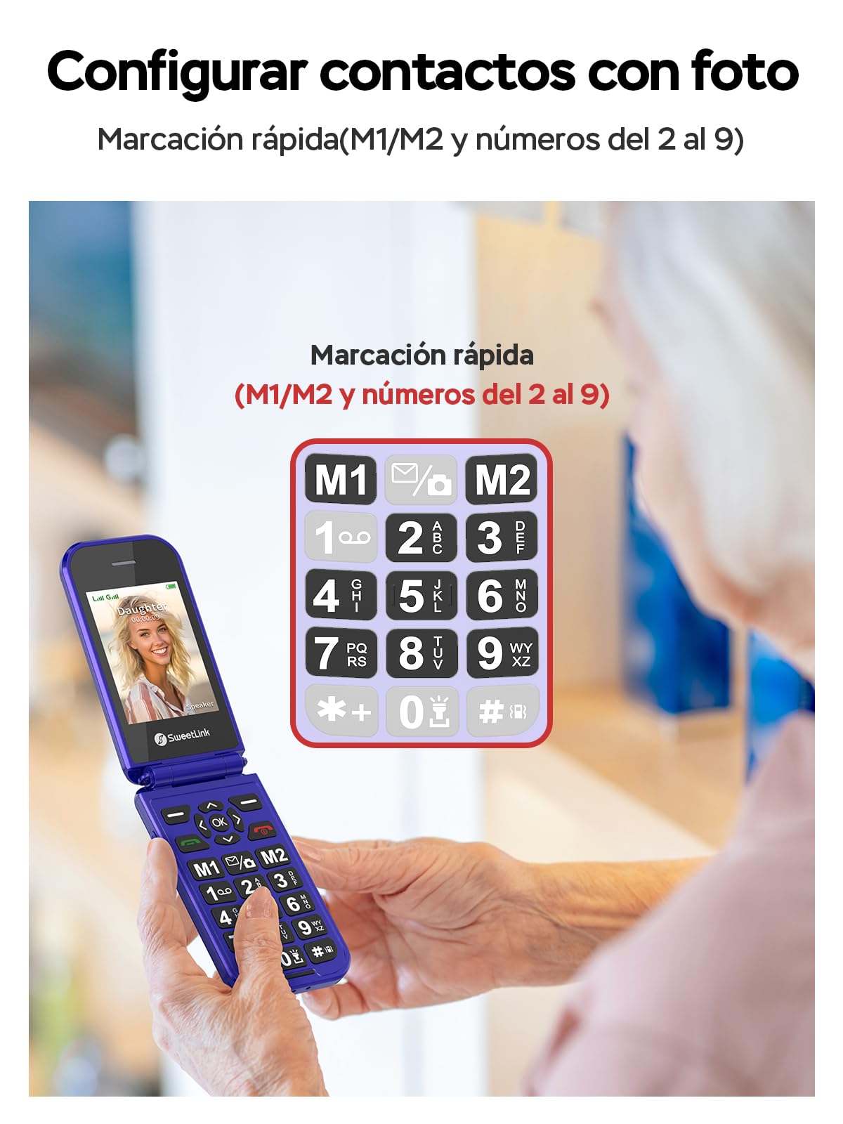 SweetLink F4 Plus 4G - Teléfono Móvil para Personas Mayores con Tapa, Teclas Grandes y Pantalla de 2,8”, Batería 1400mAh, Botón SOS, Contacto con Foto, Base de Carga USB-C, Doble Nano SIM, Azul