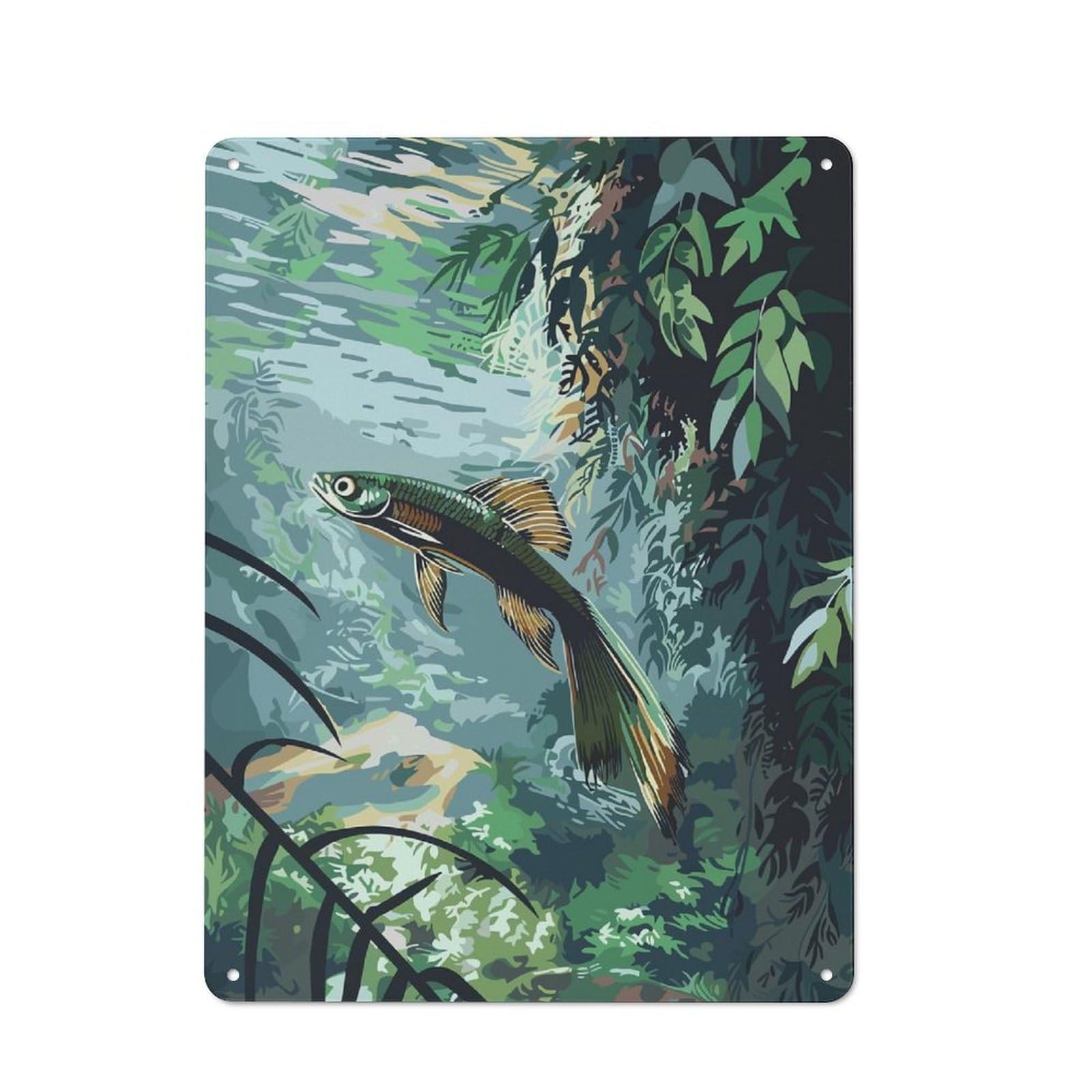 Fish in Lush Greenery Classic Metal Wall Decor 40x30cm, Office Metal Sign for Workspace, Cafe, Shop Or Desk Area