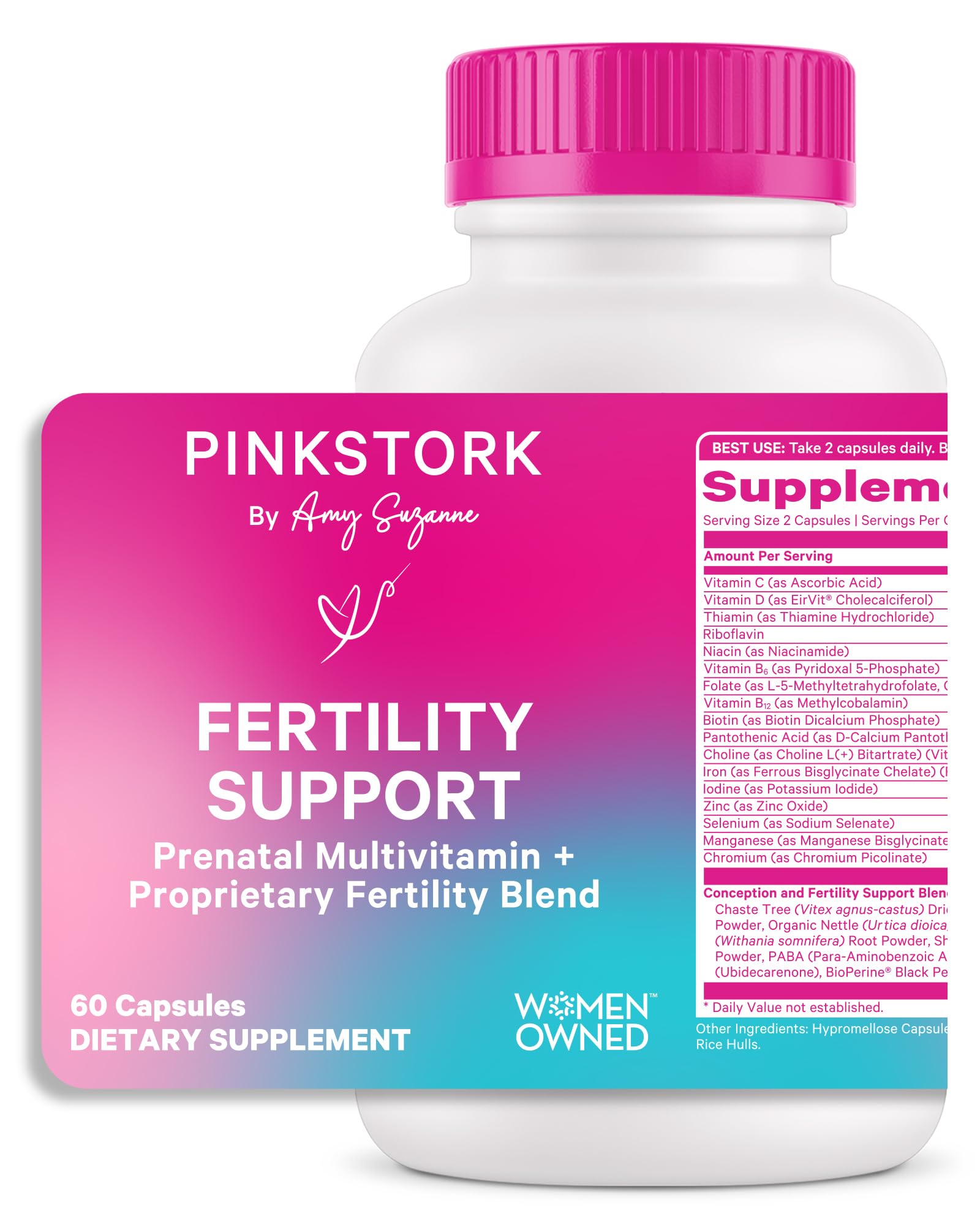 Pink Stork Fertility Supplements for Women - Prenatal Multivitamin with Ovulation, Conception, & Hormone Balance Support - 17 Vitamins & Inositol, Ashwagandha, & Vitex - 60 Capsules
