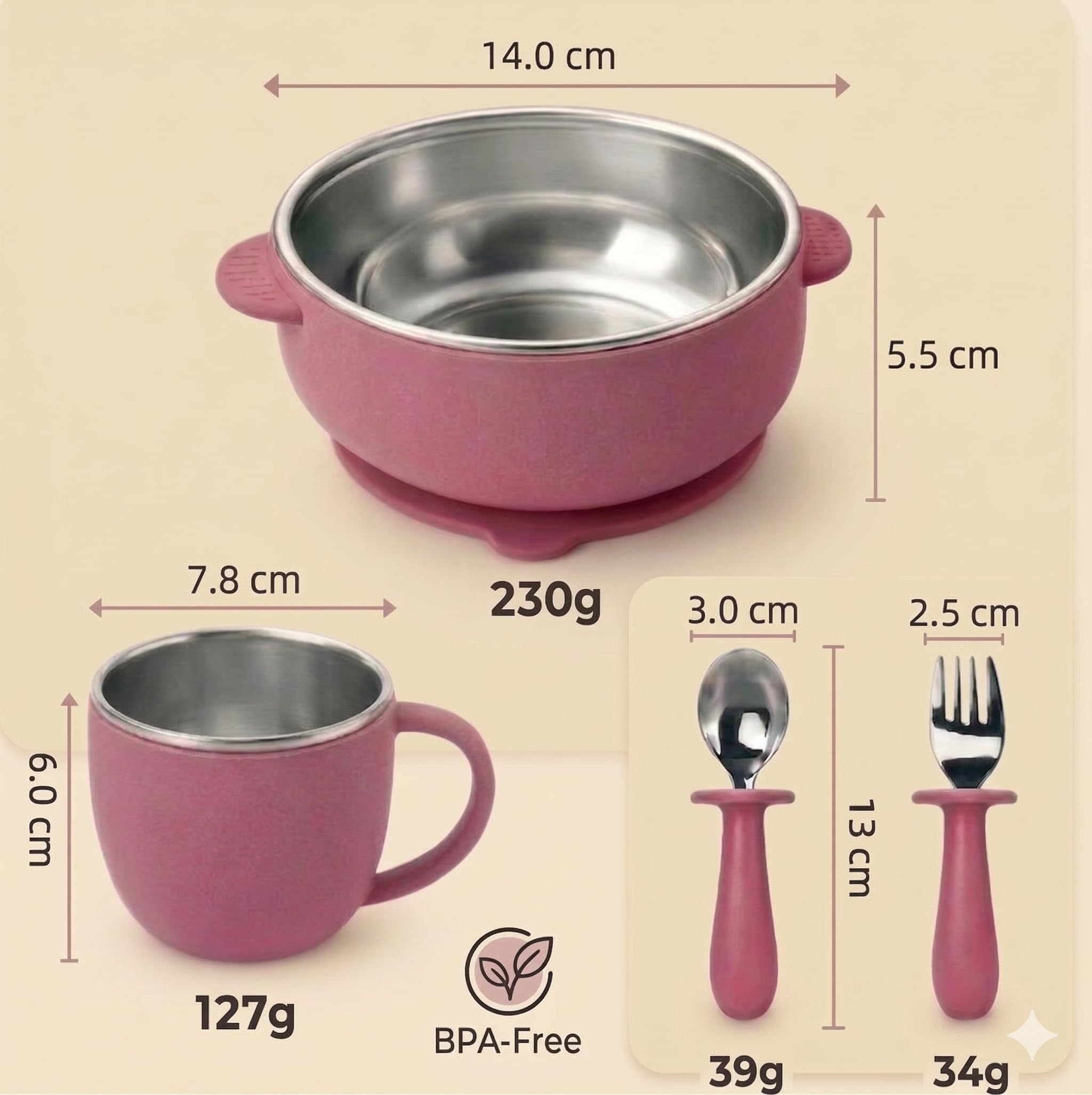 Set Bebé 4 Piezas 2en1 Acero Inoxidable + Silicona | Cuenco y Vaso Desmontables con Ventosa + Cubiertos BLW | Sin BPA Apto Lavavajillas | Alimentación Complementaria 6 Meses (Rosa)