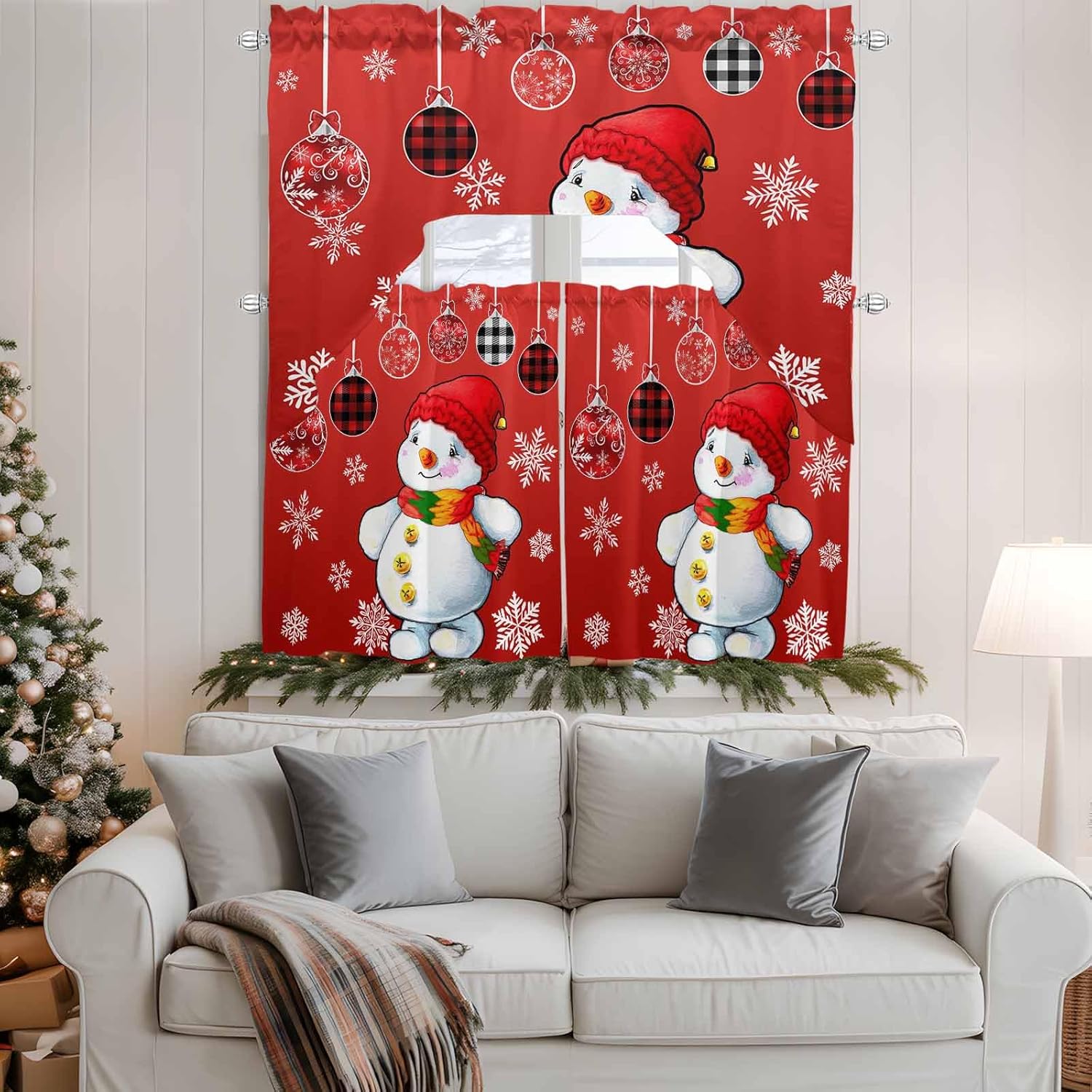 Red Snowman Swag Kitchen Curtain Sets with Valance,3 Pieces Rod Pocket Curtain Drapes for Bedroom Living Room Bathroom Windows,Winter Xmas Snowman Snowflake Checkered 56''x36'' & 24''x27.5''x2Panels