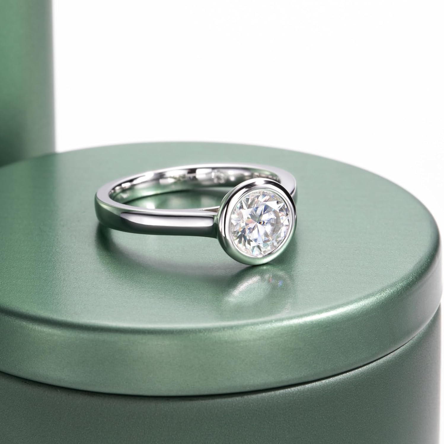 Moissanite Engagement Rings, 1/2/3 CT Bezel Setting Round Lab Created Diamond Solitaire Promise Rings in 14K White Gold Plated Sterling Silver, Anniversary Rings for Women