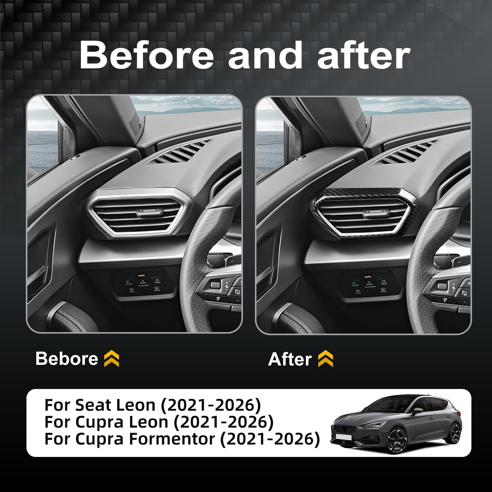 KUNGKIC per Seat Leon/Cupra Formentor/Cupra Leon 2021-2026 Fibra di Carbonio Console Centrale Auto Lato Griglia di Ventilazione Rivestimento Adesivo Interno Protezione Ventilazione Accessori