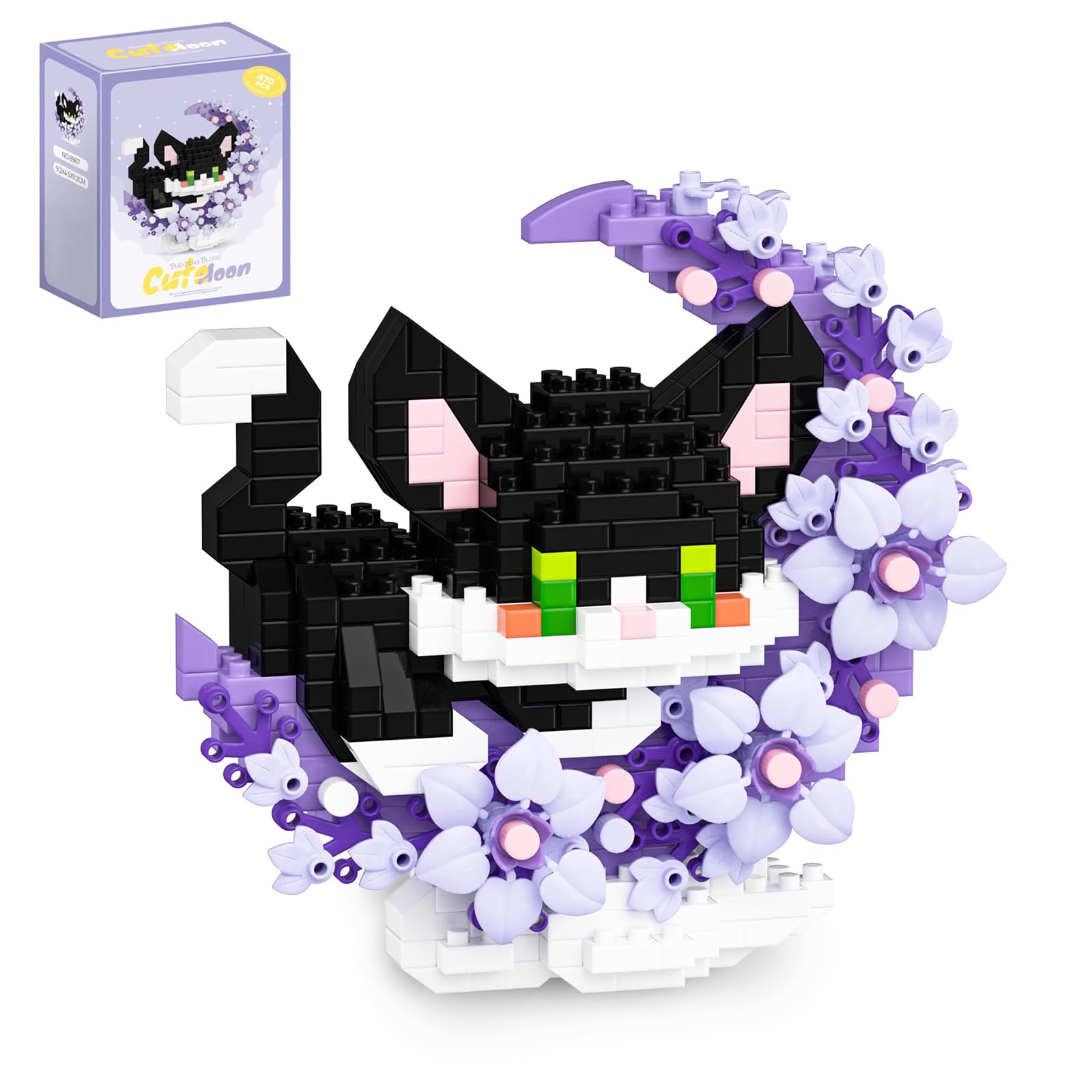 ZenithAura Katze Micro Tile Building Blocks with Flowers, Flower Mini Blocks Set, Animal Micro Building Blocks Set, Home Office Decoration Gift for Adults and Teenagers (