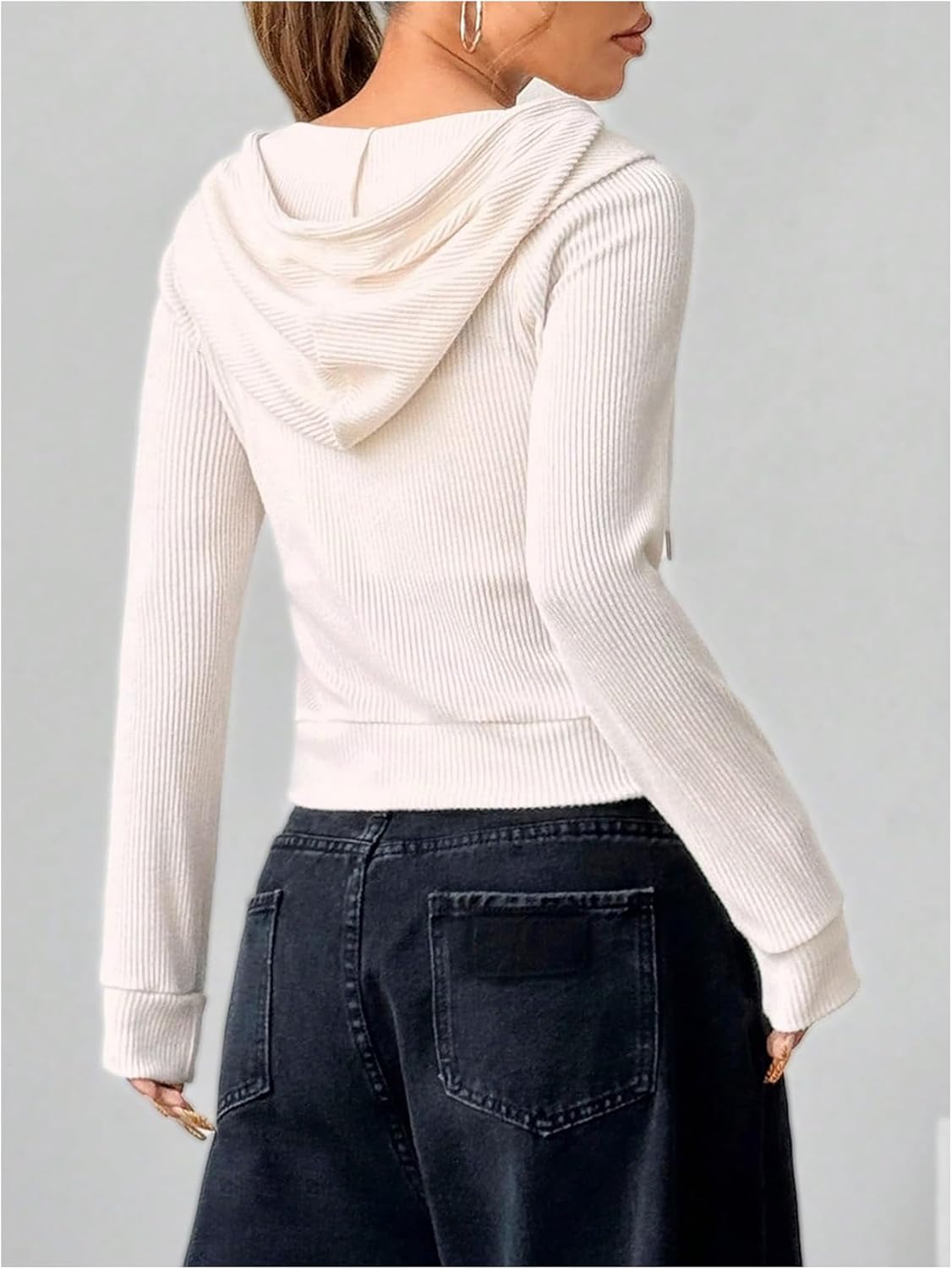 SHENHE Women's Crop Top Hoodie Y2k Zip Up Ribbed Knit Lightweight Workout Hooded Sweatshirt Jacket - Image 2