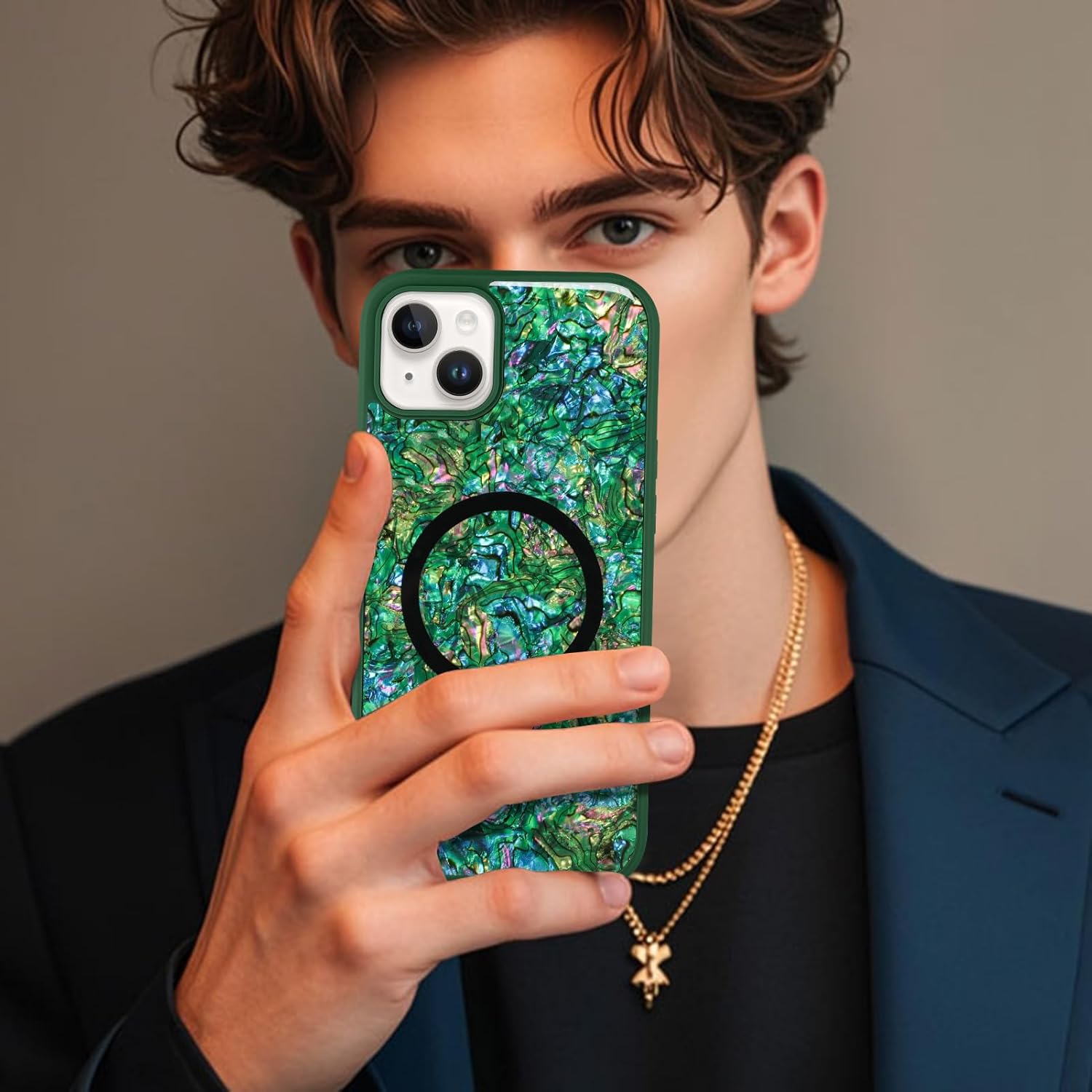 Magnetic for iPhone 15 Case, Luxury Colorful Abalone Shell Phone Case for Women Men, Compatible with MagSafe, Cute Sparkle Glossy Shockproof Protective Cover, Emerald Green