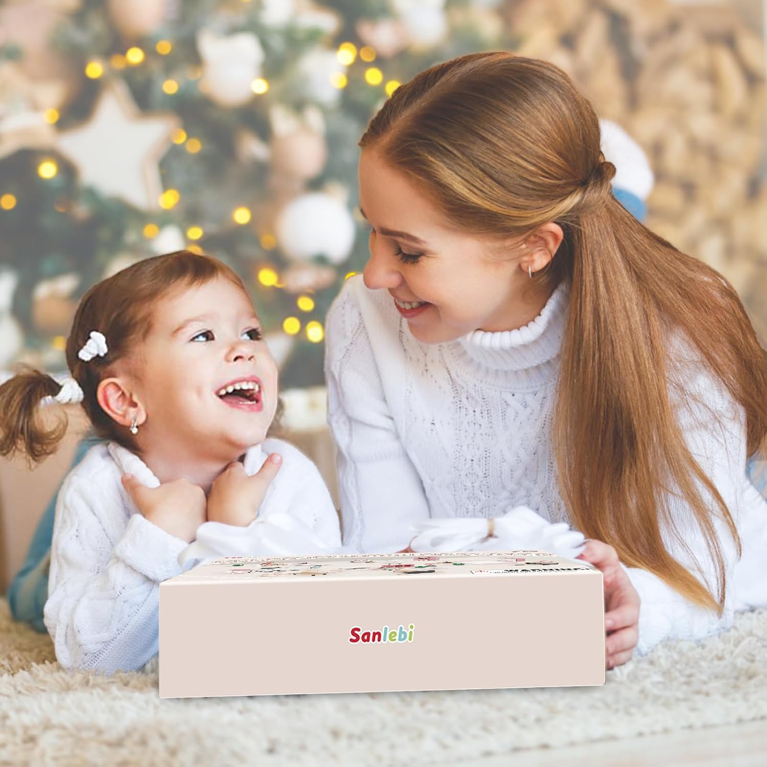 Wooden Dollhouse Furniture Set with 4 Family Dolls, 36 Pcs Sanlebi Doll House Accessories and Furniture, Miniature Furniture Including 5 Room Kits, Pretend Play Toy Gift for Boys Girls Toddler 3+