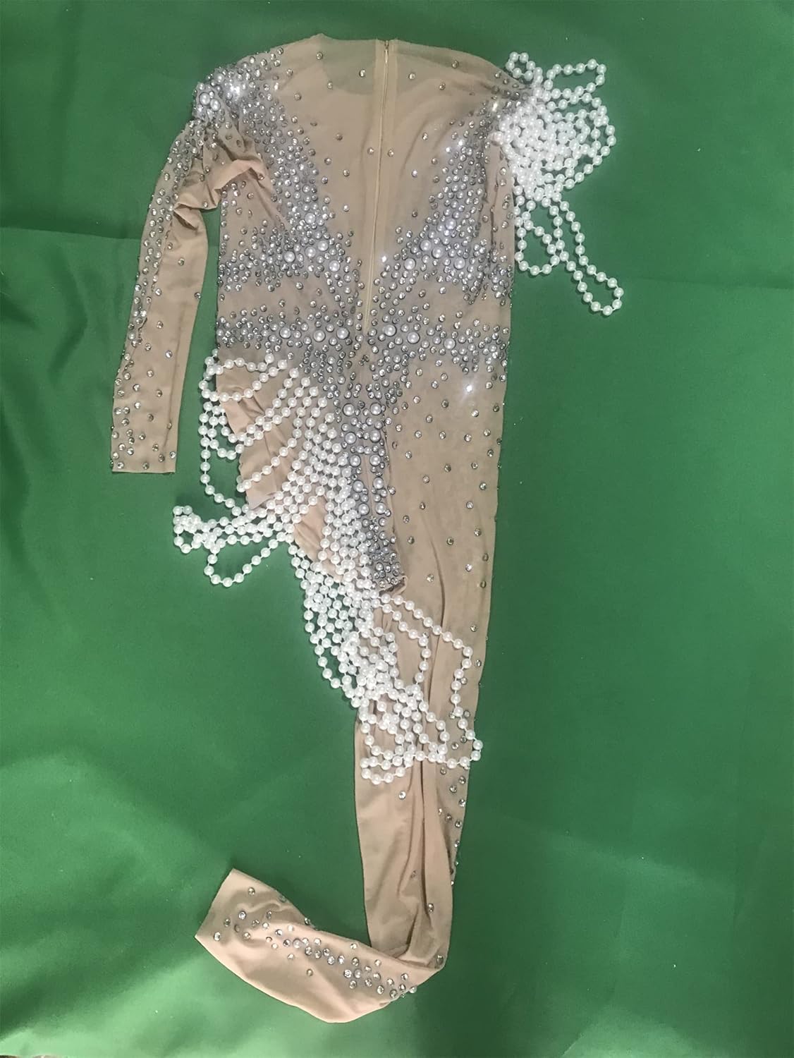 Sparkly Fringe Sheer One Shoulder Jumpsuits for Women Sexy Drag Queen Costumes Exoctic Dancer Outfits Clubwear Rhinestone See Through Bodysuit Nude