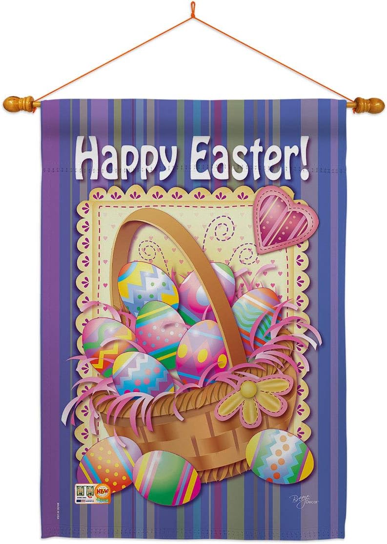 Easter Basket House Flag Dowel Set Springtime Happy Bunny Egg Christian Season Holiday Small Decorative Gift Yard Banner Made In USA 28 X 40