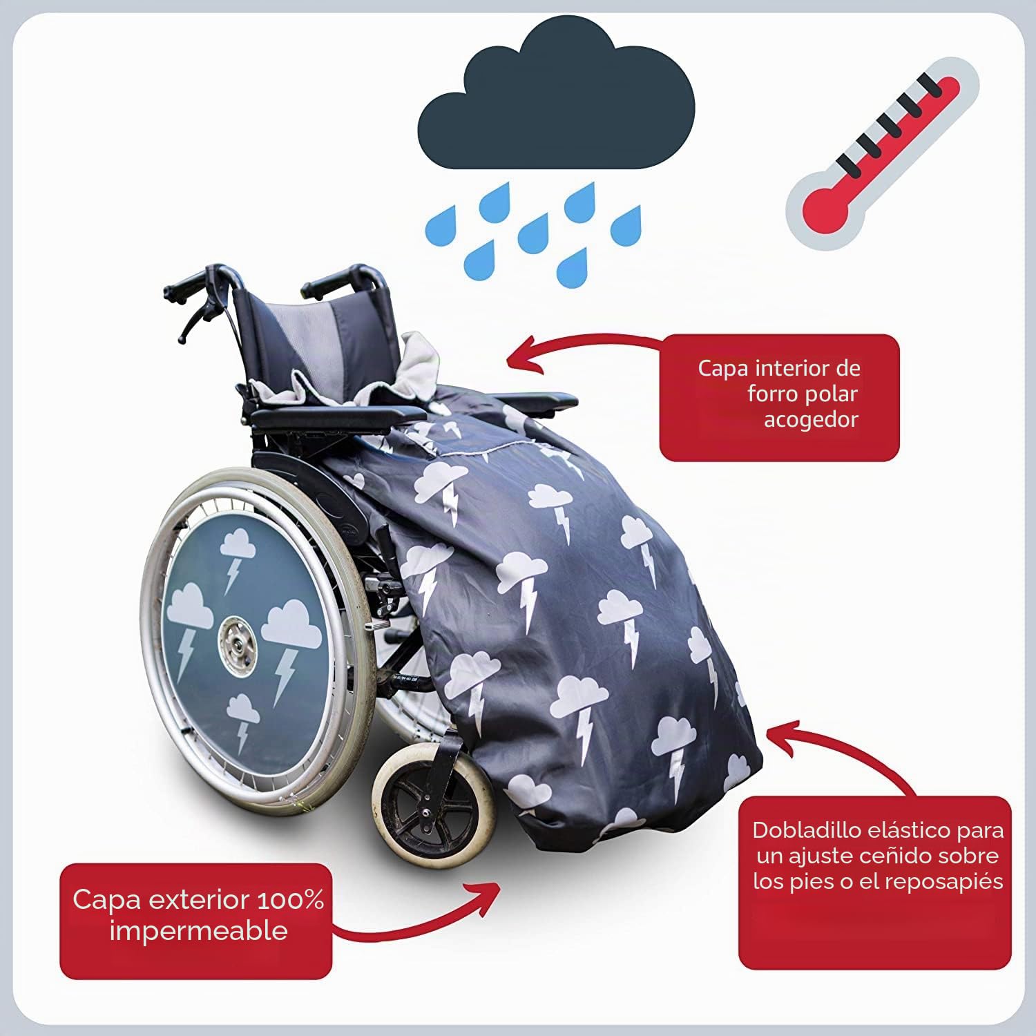 BundleBean - Funda para silla de ruedas con forro polar (rayo plateado) - Tamaño adulto 100% impermeable para usuarios de sillas de ruedas, ajuste universal para sillas de ruedas manuales y eléctricas