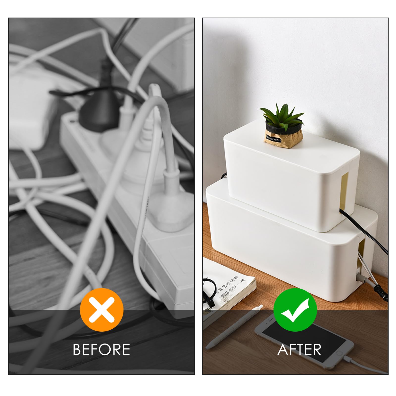 Juego de dos cajas de gestión de cables, caja organizadora de cables para ocultar el protector de sobretensiones en el escritorio o el suelo, caja organizadora de cables de computadora de TV con