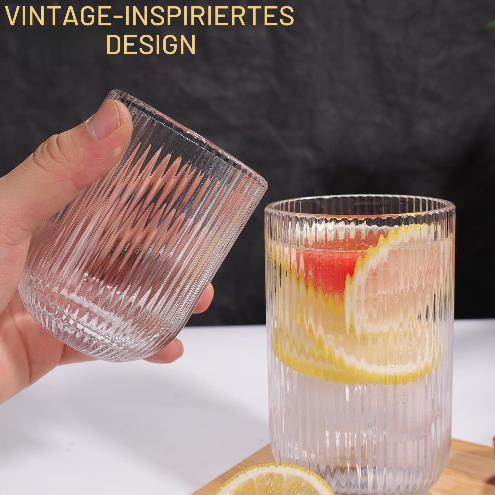 Set mit 8 gerippten Glaswaren, 4 Highball-Gläser 410 ml & 4 Rocks Trinkgläser 270 ml, klar, Origami-Stil, geriffeltes Design, für Milch, Wasser, Cocktail, Saft, Bier, Zahnbürstenbecher