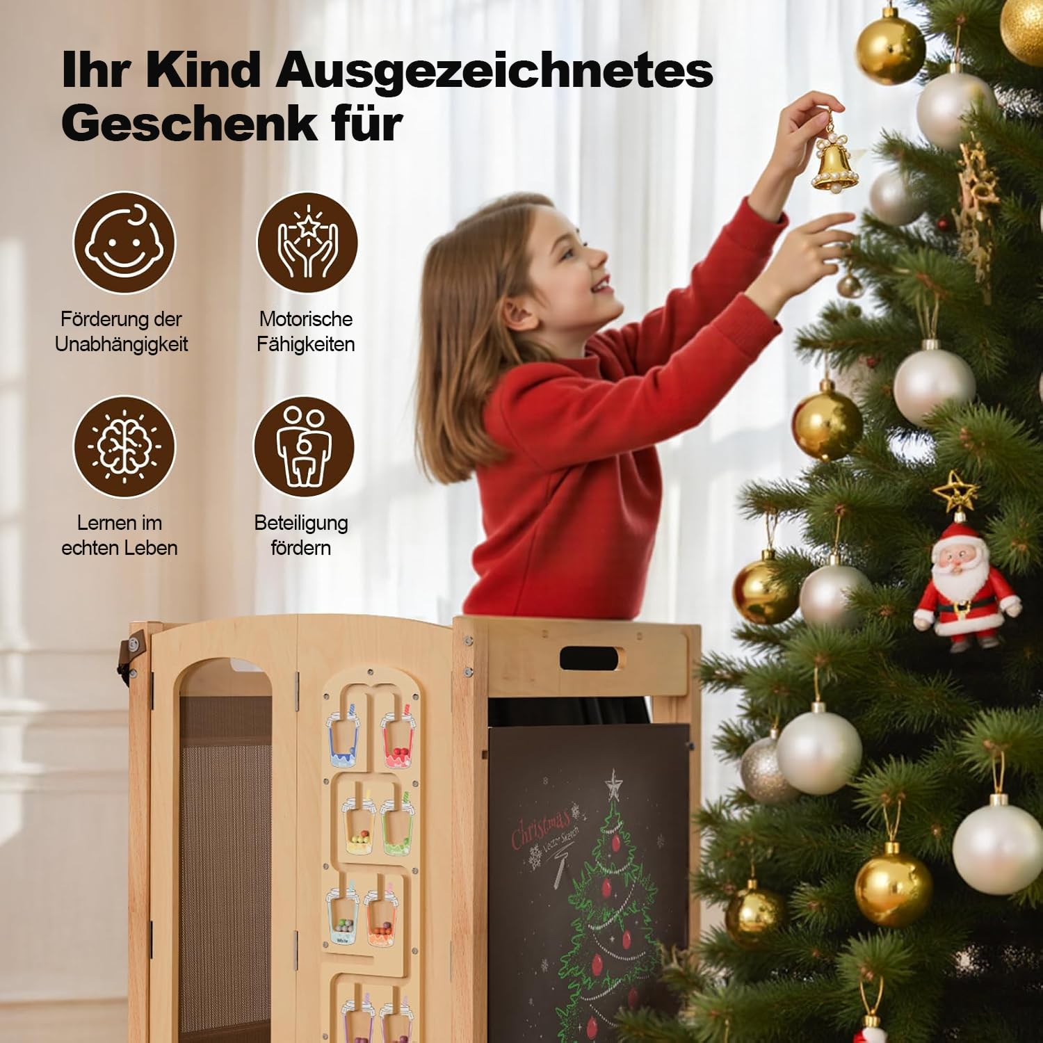 Lernturm Klappbar, 2 Fach Höhenverstellbar-Montessori Lernturm ab 1 Jahr aus Birke, Vormontiert/Platzsparend, Tafel, Sicherheitsnetz, Kippschutz, Küchenhelfer für Kinder, Tritthocker aus Holz