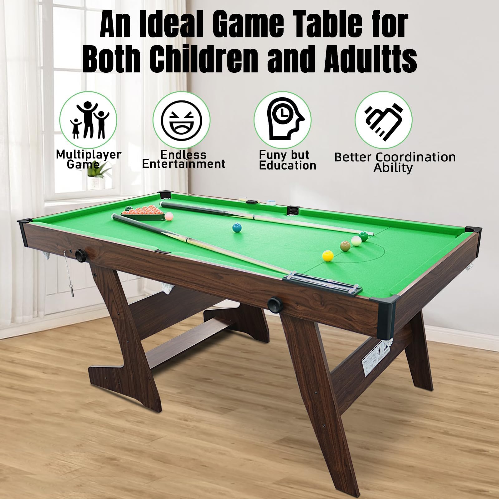 HLC Pool-Billardtische Billardtisch Klappbar mit Kompletten Zubehör 183 * 91.5 * 79 cm DREI Farben, für Ihre Familie und ihre Kinder, grün