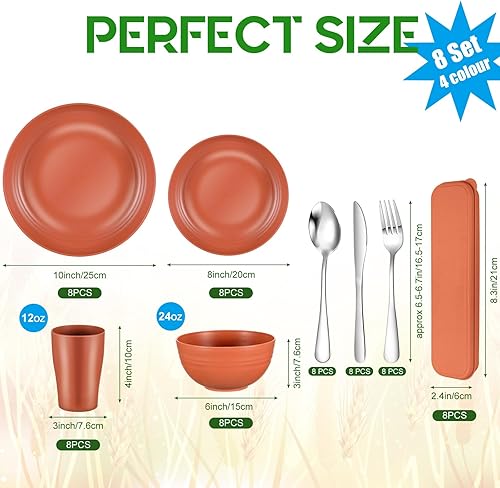 Miniatura 2 de Pinkunn Juego de vajilla de paja de trigo de 64 piezas con cubiertos de acero inoxidable irrompibles y cuencos coloridos para cocina, microondas,