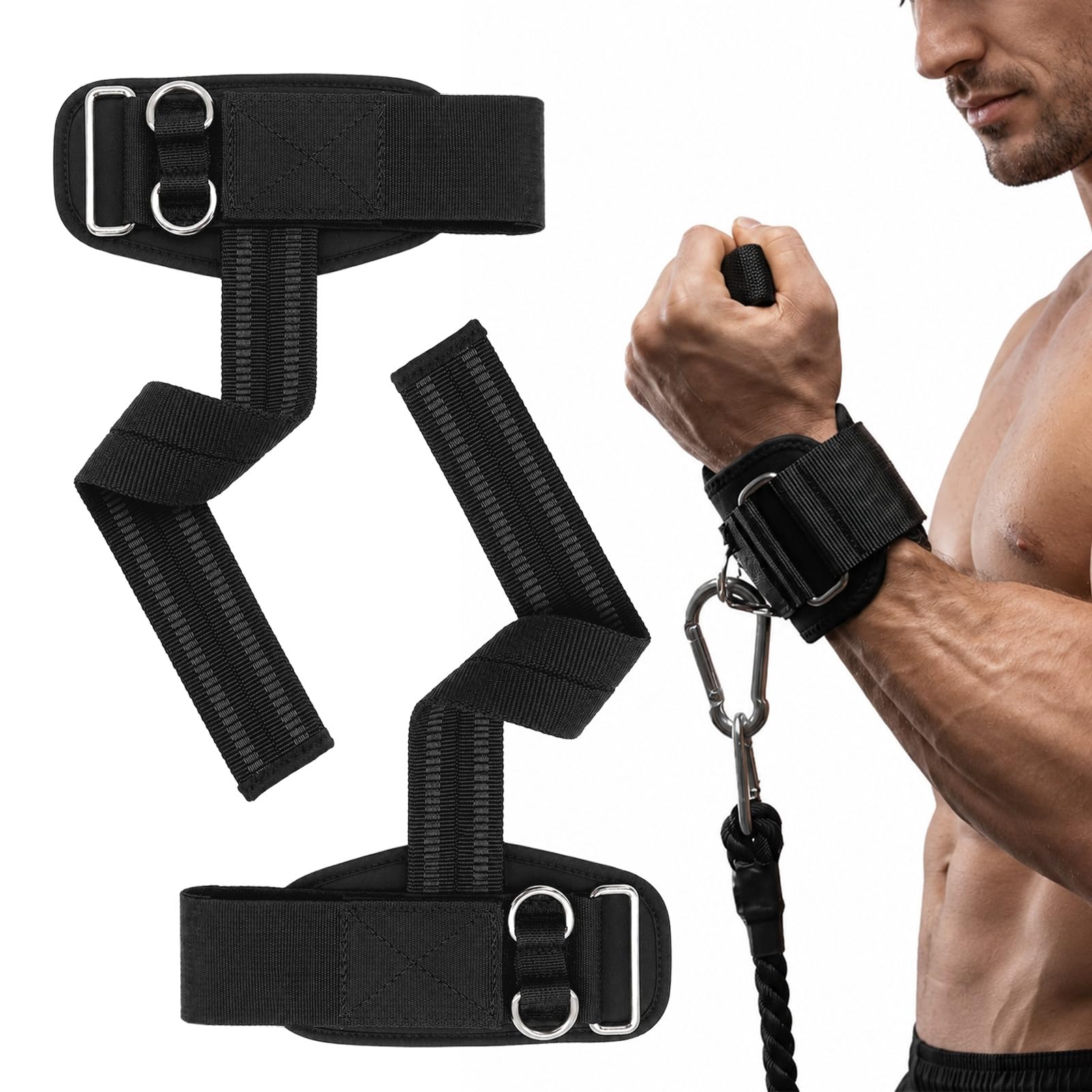2-in-1 Weight Lifting Straps with Cuffed D-Ring, Gym Straps for Weightlifting and Cable Machine Workouts, Anti-Slip Particles,for Men & Women