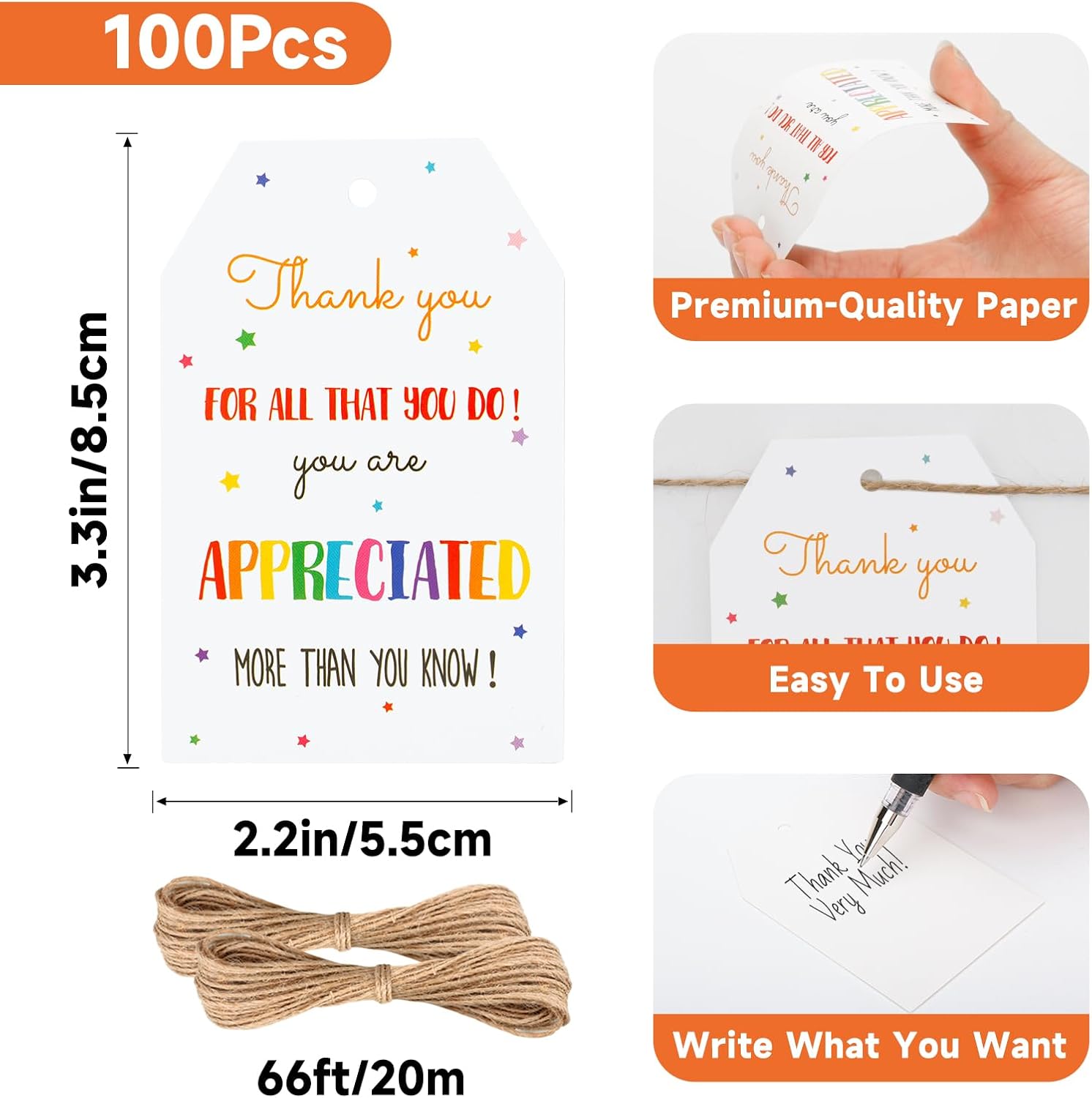 Anwyll Thank You Gift Tags - 100Pcs Thank You for All You Do Tags with String Teacher Appreciation Thanks You Gifts Tags for Favor Colorful Star Hang Paper Gift Tag for Employee Volunteer Nurse Doctor - Image 3