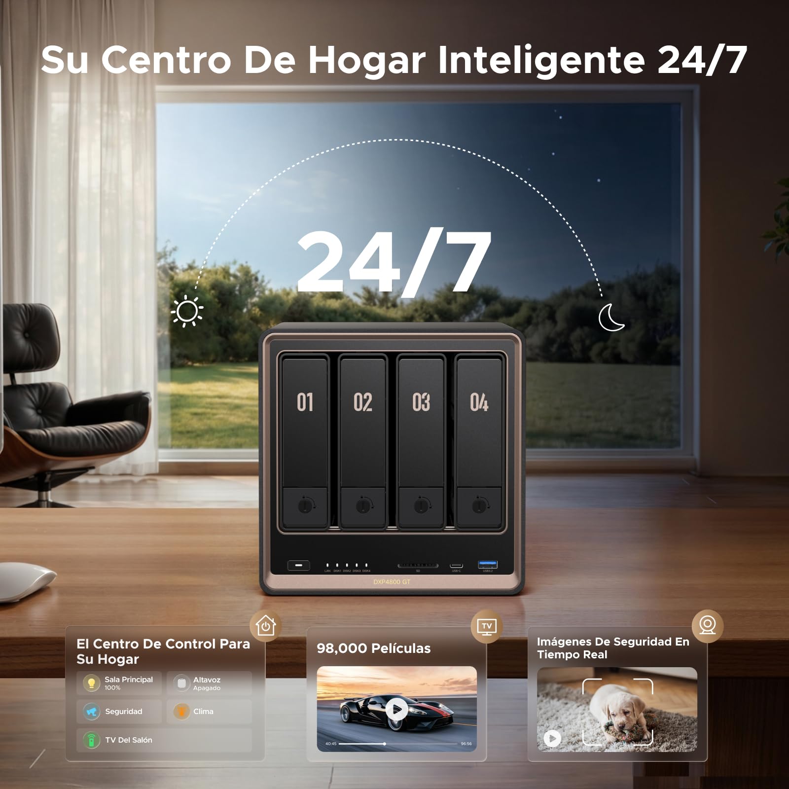 UGREEN NASync DXP4800 GT NAS 4 bahías, Dual LAN 10GbE, CPU AMD Ryzen Embedded R2514, 8GB RAM, Support ECC, Ranura SD, Doble M.2 NVMe, HDMI 4K, Centro vigilancia (Sin Discos)