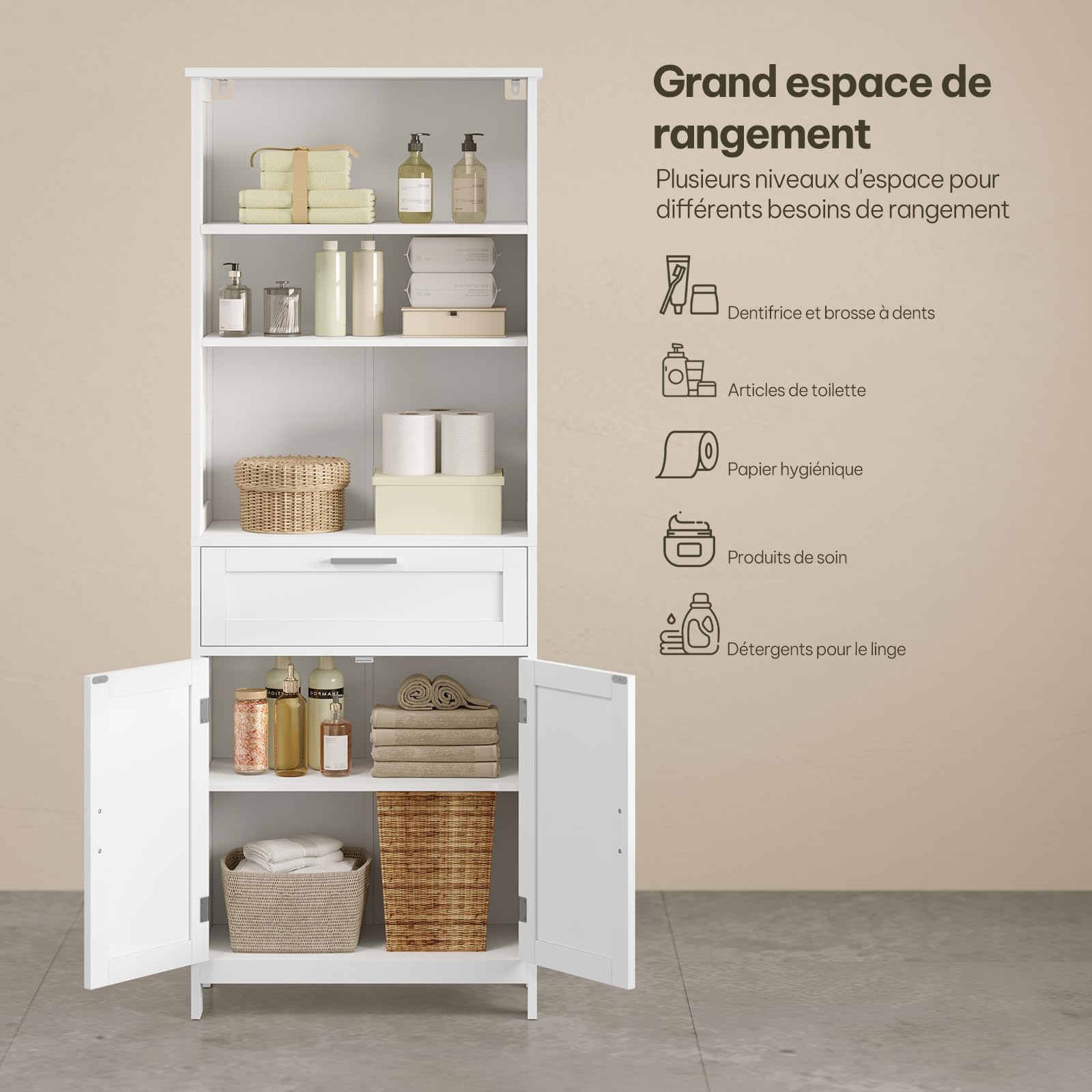 eSituro Meuble Salle de Bain, Bibliothèque Étagère Rangement, avec 3 Compartiments Ouverts, 1 Tiroir et 1 Placard avec Portes et Étagères Réglables, 30x60x160 cm, Blanc