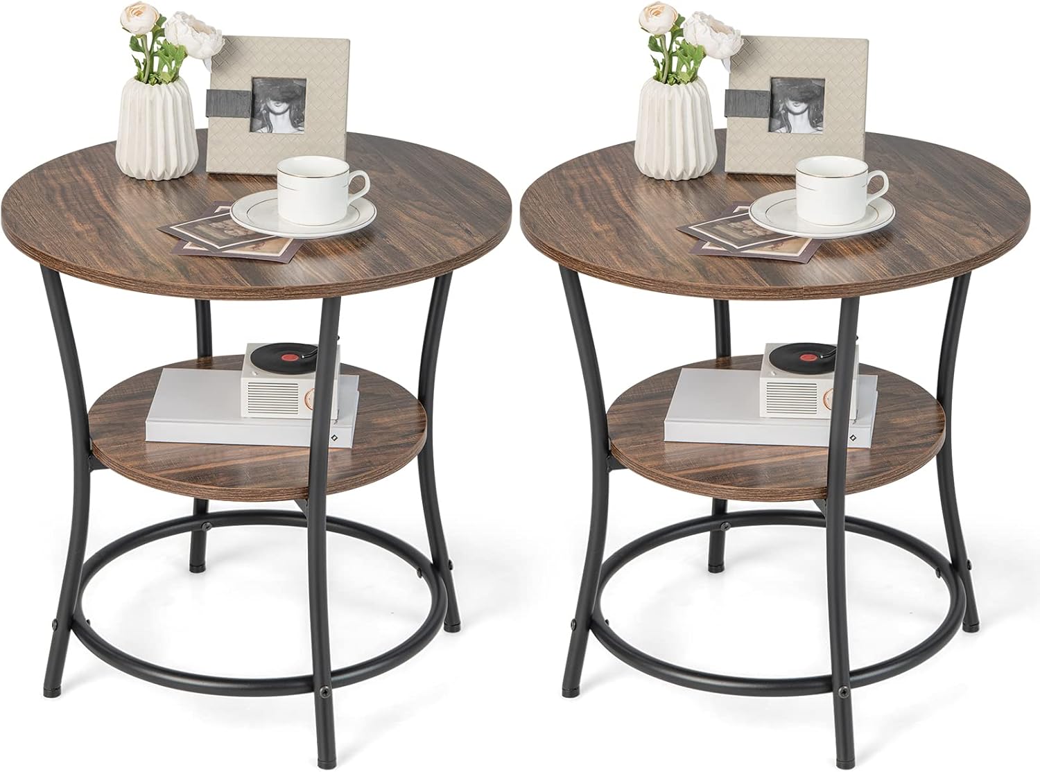 GOFLAME Round End Table Set of 2, 2Tier Sofa Side Table