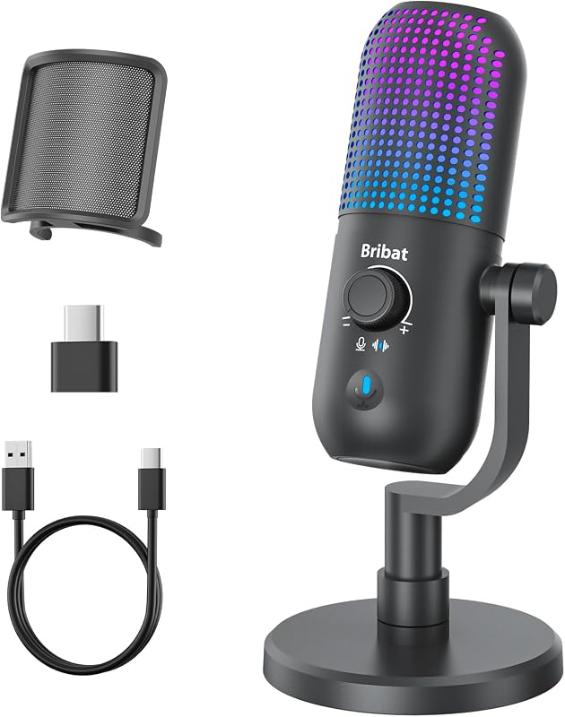 Micrófono USB para juegos de PC, transmisión y podcast, micrófono de escritorio RGB Plug & Play con silencio de un solo toque, micrófono de computadora cardioide con cancelación de ruido para Twitch, YouTube, grabación en PC y computadora portátil (negro)